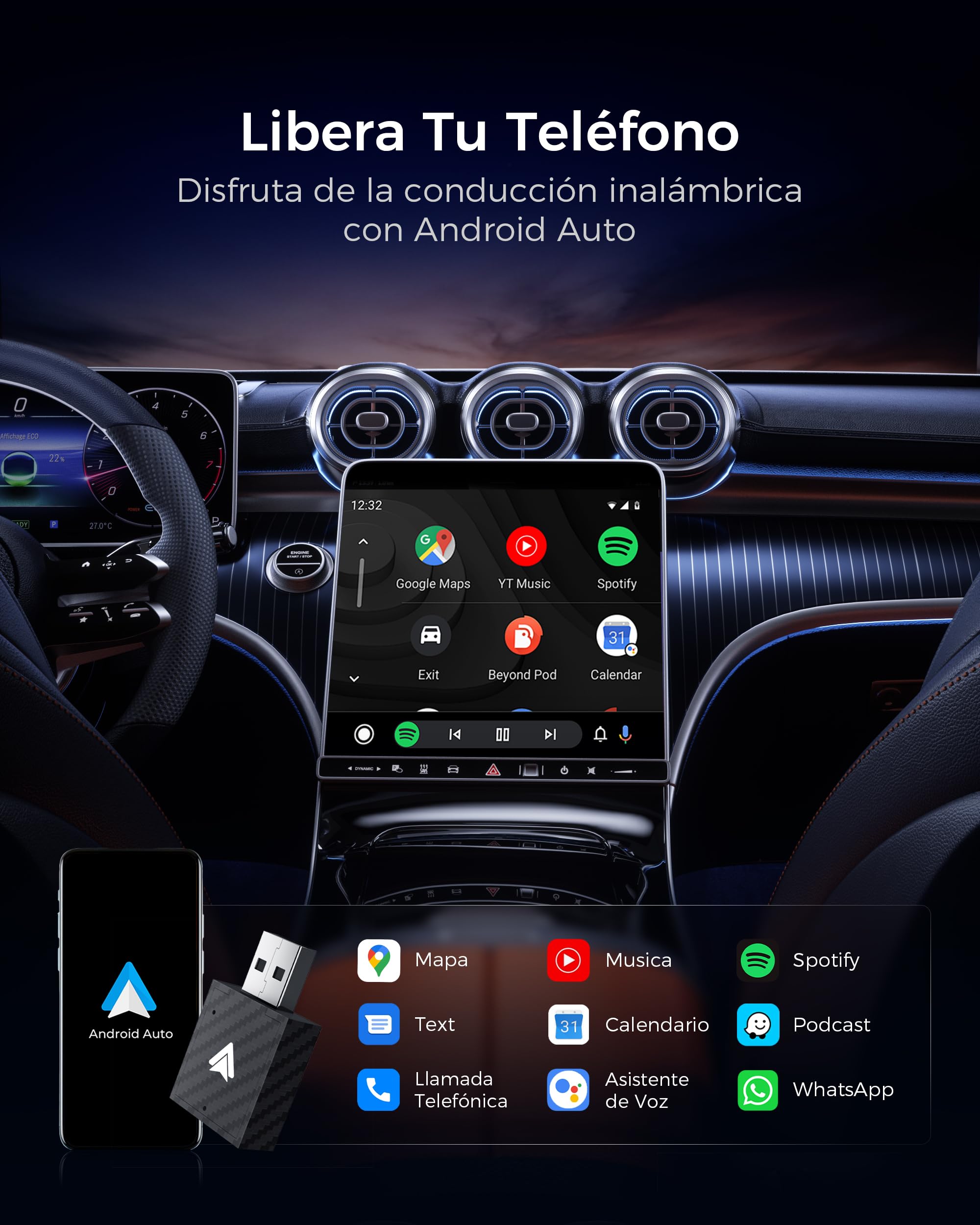 Adaptador Android Auto Inalámbrico, Bluetooth V5.3 Conexión Estable, 5.8GHz WiFi de Alta Velocidad, USB A/C, para Smartphone Android 11+, Convierte Conexión con Cable en Inalámbrica