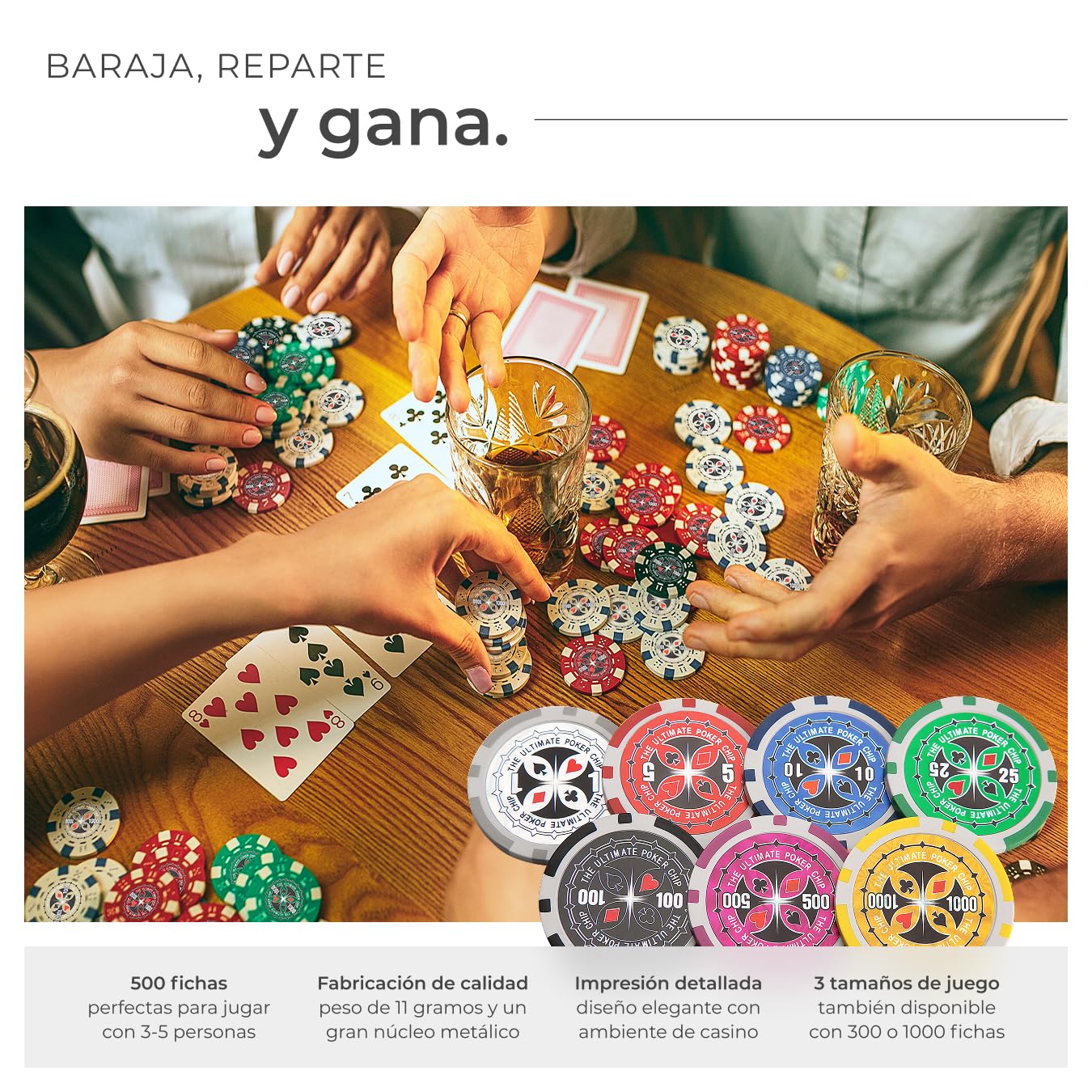 tectake 402559 Maletín de Póker Aluminio con Fichas Láser Poker Chips, 500 Pieza, Incl. 5 Dados + 2 Barajas de Cartas + 1 Ficha de Dealer, Plateado