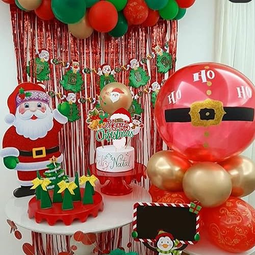 Vista 7 de Rsstarxi 1 paquete de decoración de pastel de Navidad con purpurina verde y rojo hojas de acebo y bayas, sombrero de Papá Noel, barba, decoración