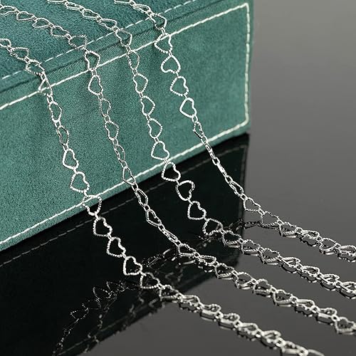 Miniatura 4 de Cadena de corazón chapada en plata de 16.4 pies, cadenas de eslabones en relieve hechas a mano a granel en carrete con anillos de salto abiertos,