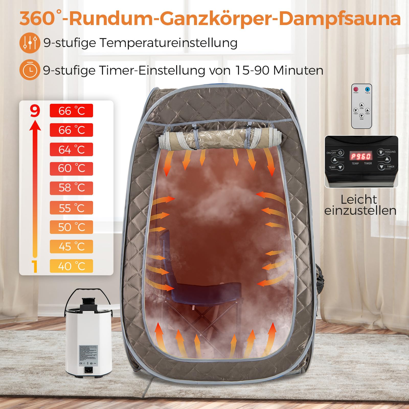 COSTWAY tragbare Dampfsauna, Heimsauna für 1-2 Personen mit 3 Liter Dampfgenerator, Timer, Fernbedienung, Fußmassagegerät & Klappstuhl, Saunazelt Sitzsauna Zuhause, 89 x 89 x 149 cm (Grau)