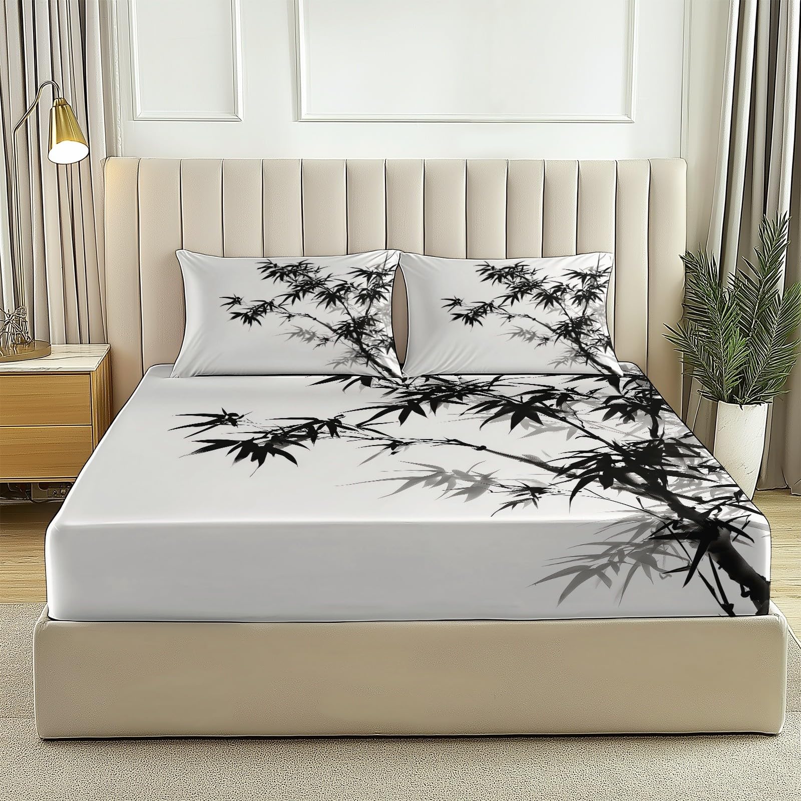 sábana Ajustable Bambú de Tinta, Estilo Tradicional Chino Juego de Sabanas Estampadas 3 Piezas 180 x 200 cm Algodón Poliéster, Bajera, Funda de Almohada 100% Microfibra Negro