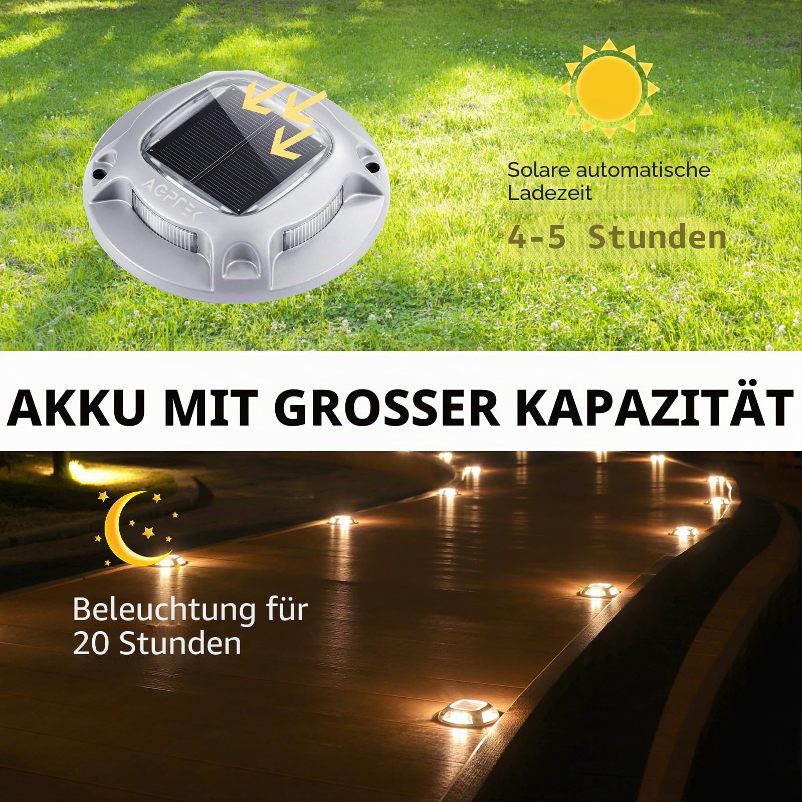 AGPTEK 8 Stück Solar Bodenleuchten Aussen 2 Farbmodi IP68 Wasserdicht | Solar Deck Lights Aluminium Boden Solarleuchten Solarlampen für Garten Deck Treppen Stufen, Warmweiß und Kaltweiß