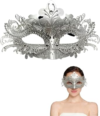 Womens Metal Filigree Venetian Masquerade Mask with Rhinestones for Prom, Mardi Gras, Halloween, Costume Party & Ball