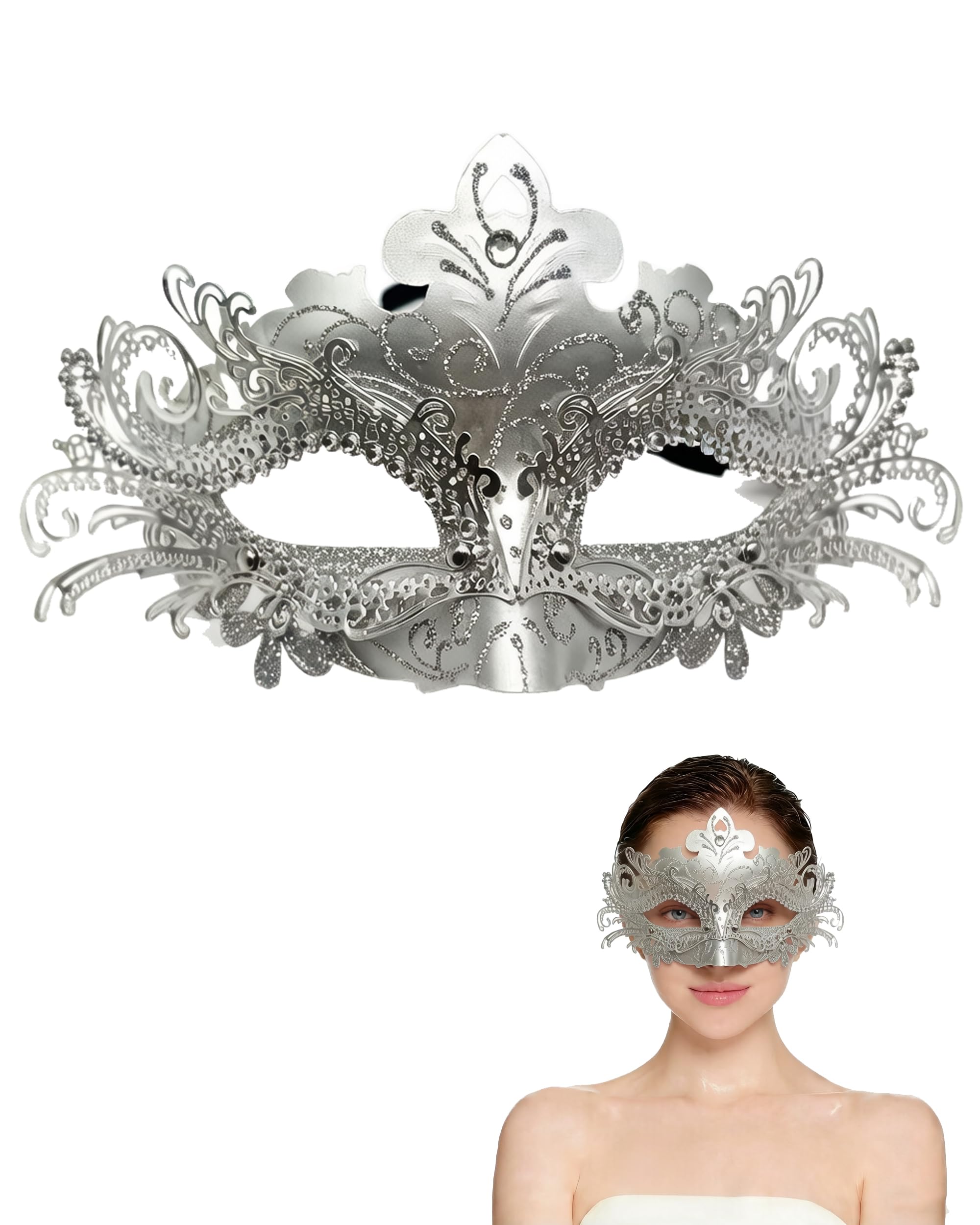 MZinge Masquerade Mask for Women Metal Filigree Shiny Rhinestone Venetian Mask Prom Mardi Gras Ball Masks Halloween Party Costumes (Silver)