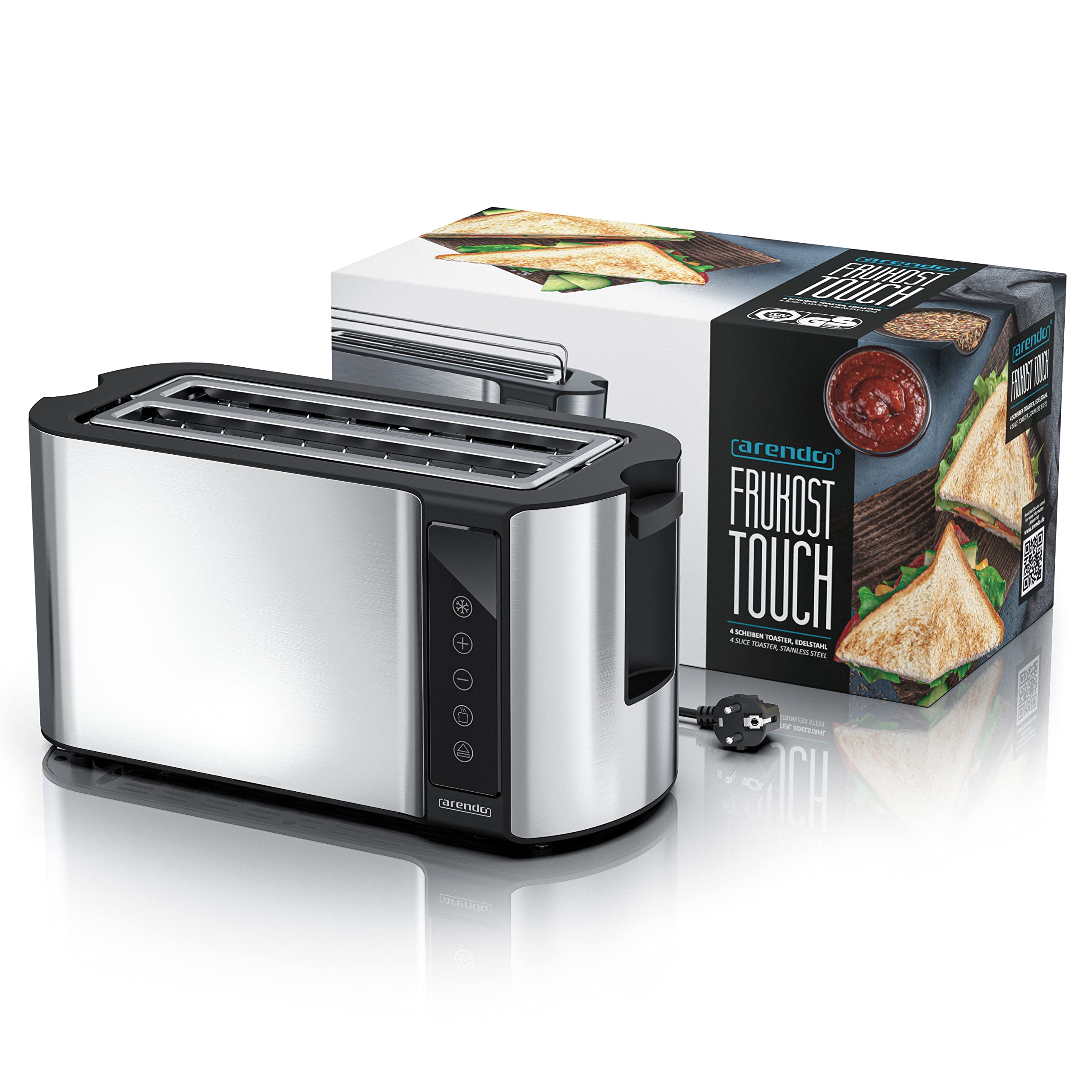 Arendo - Broodrooster lange sleuf 2 sneden - ontdooifunctie - 1000W - dubbele wand behuizing - geïntegreerd opzetstuk voor broodjes - bruiningsgraad 1-6 - display met resterende tijdweergave