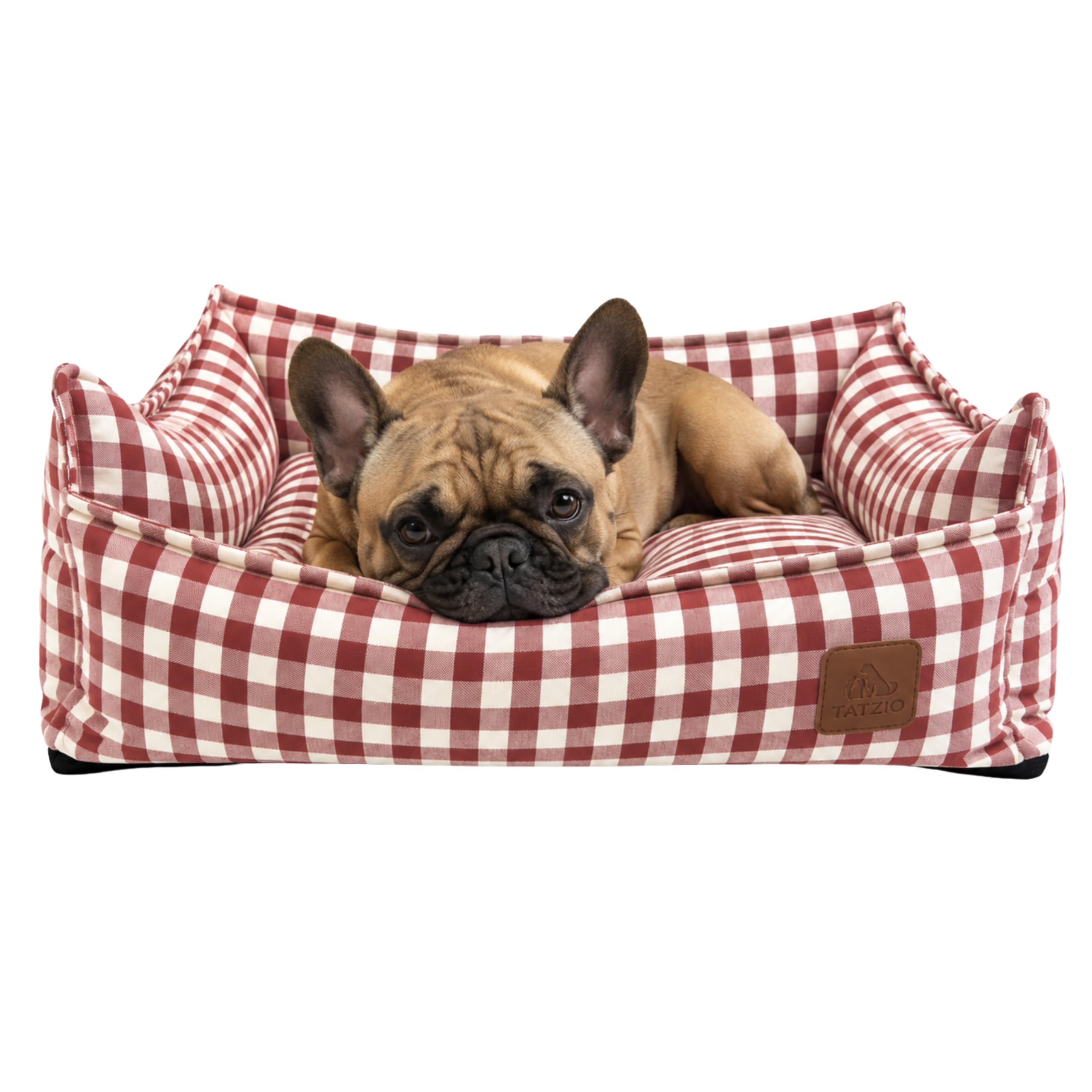 Haustierbett für Katzen & kleine Hunde, Kariertes Katzenbett mit waschbarem Bezug & herausnehmbarem Kissen, formstabiles Hundebett & Katzenkorb, 60 x 50 x 20 cm rot
