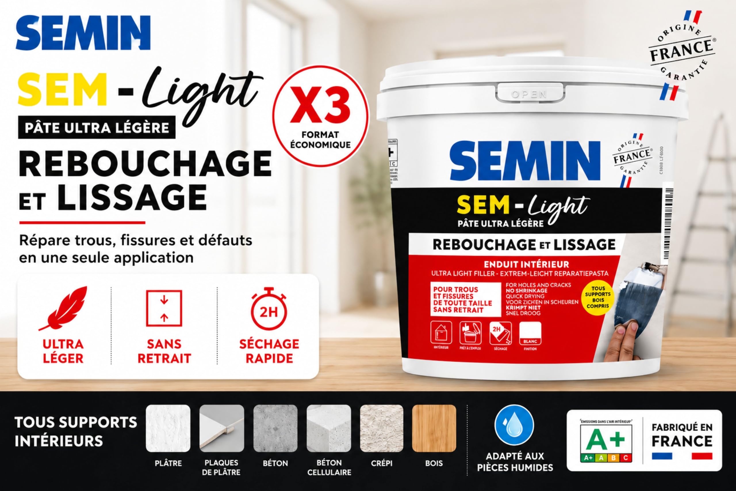 SEMIN SEM-LIGHT Enduit Léger de Rebouchage et Lissage – 3X 5 L – Sans Retrait, Séchage Rapide – Réparation Trous et Fissures – Intérieur Murs et Plafonds – Blanc Mat Prêt à l'Emploi