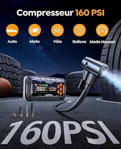 16-IN-1 Jump Starter Power Pack 27000mAh 7000A with Air Compressor 160PSI, Car Battery Booster Jump Starter (All Gas/14L Diesel/Hybrid) with Tire Repair Kit, Hook Stone, Tow Rope,Gloves, 800 Lumen - 3