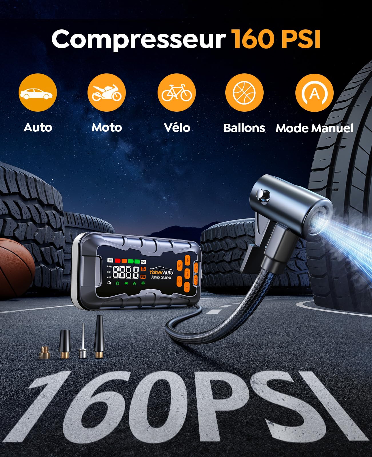 16 en 1 Booster Batterie Voiture 8000A 27000mAh, Booster Batterie(Tout Gaz ou 12L Diesel), 12V Booster avec Compresseur 160PSI, Démarreur avec Lampe 800 Lumens, Marteau de Secours et Kit d’Urgence