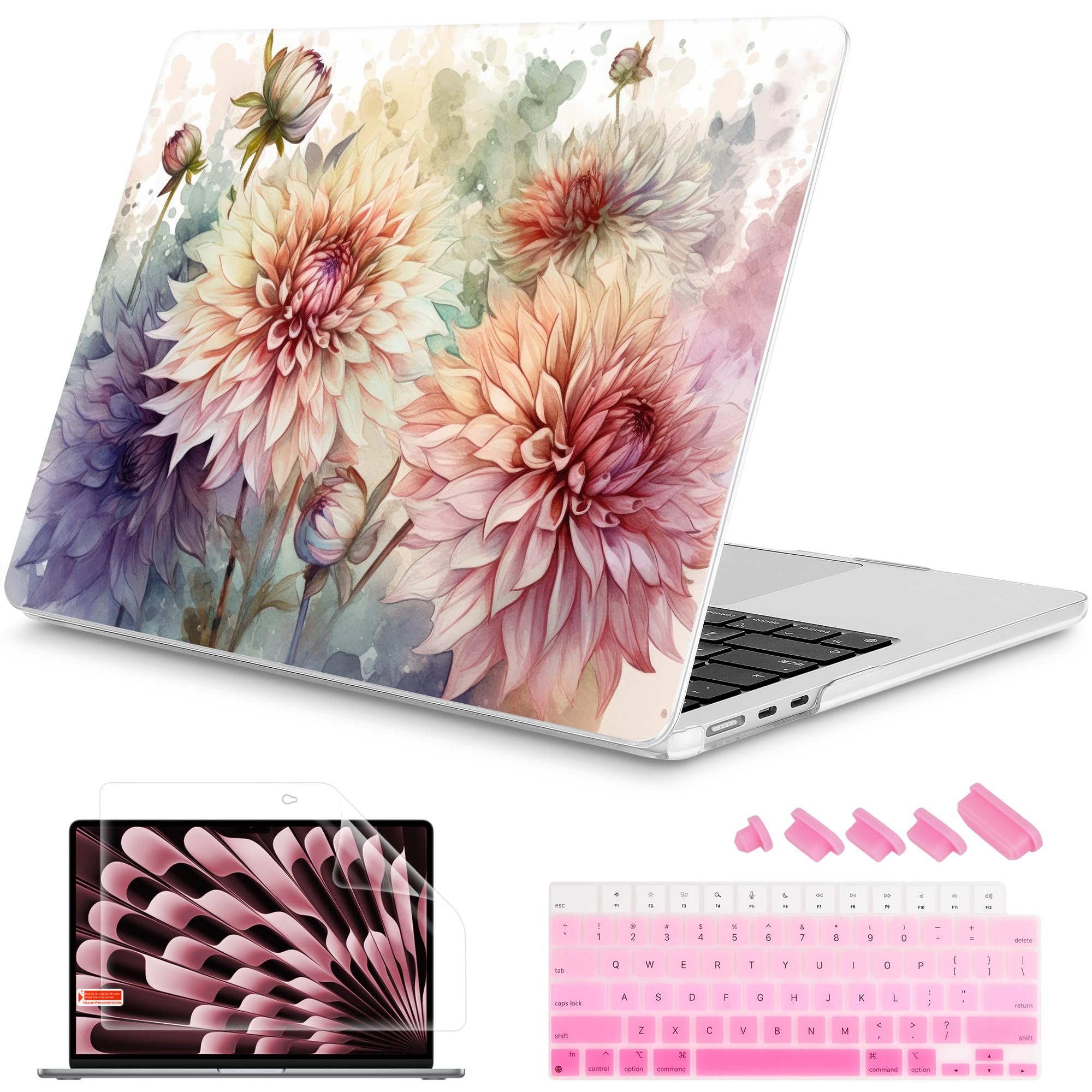 Mektron for 2026/2025/2024/2023 MacBook Air 15 INCH M5 A3448 /M4 A3241 /M3 A3114 /M2 A2941 Case, Printed Plastic Hard Shell Cover with 15.3" Liquid Retina Display Touch ID, Watercolor Dahlias