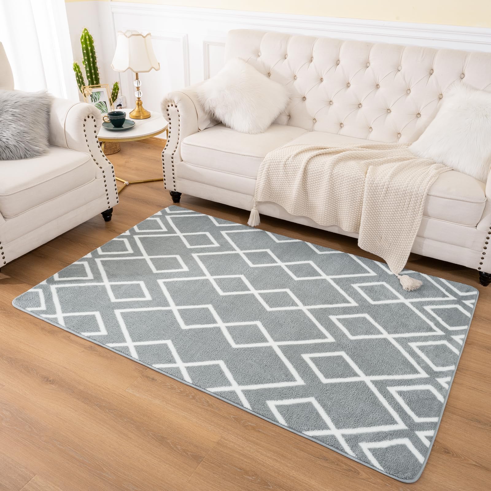 ToneedGeometric Area Rugs Memory Foam Carpet, 4 x 6 Feet Gray Washable Shag Rug Modern Low Pile Moroccan Rug for Bedroom Living Room Dorm Nursery Kids Room Home Decor