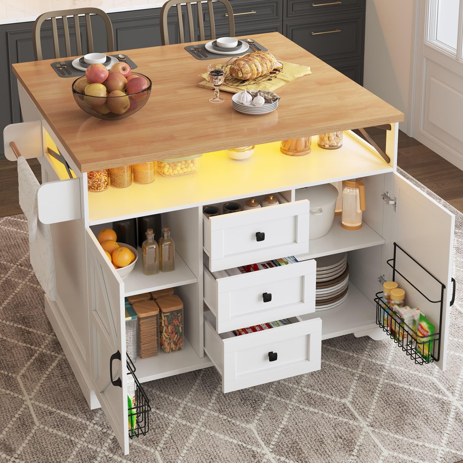 KOMHTOM Îlot de Cuisine Multifonctionnel 102 x 45 x 92 cm, Armoire de Cuisine avec 2 Tiroirs, 2 Portes, Porte-Serviettes Latéral, Porte-Bouteilles et Séparateurs Réglables (Blanc-J)
