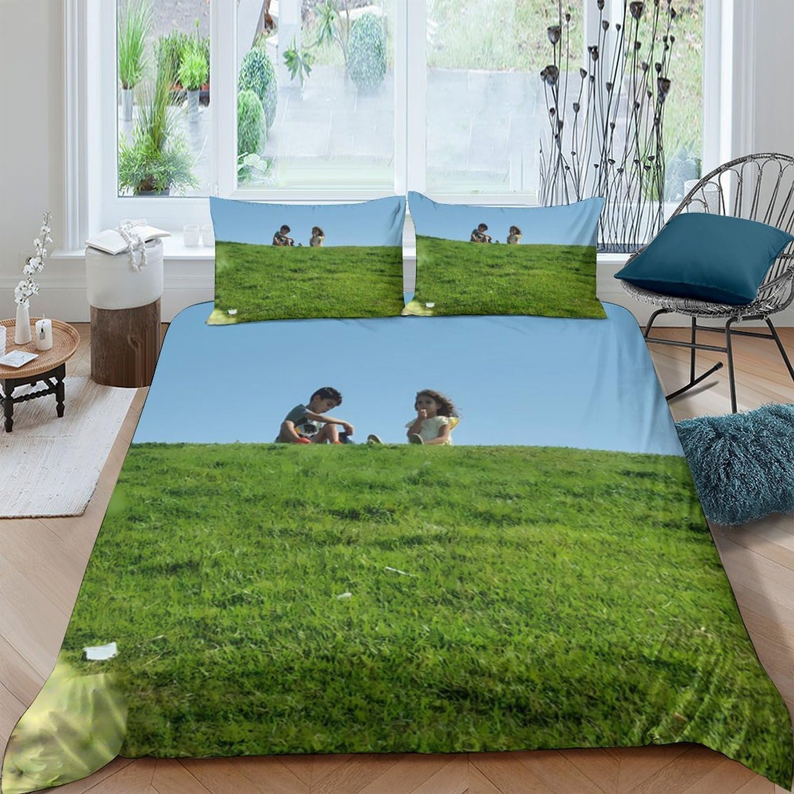 P5V6M1Q9 3D Printed Green Meadow Picnic Duvet Cover Set Microfiber Soft Breathable Sky Family Bedding with 2 Pillowcases for Bedroom Decor Single（135x200cm）