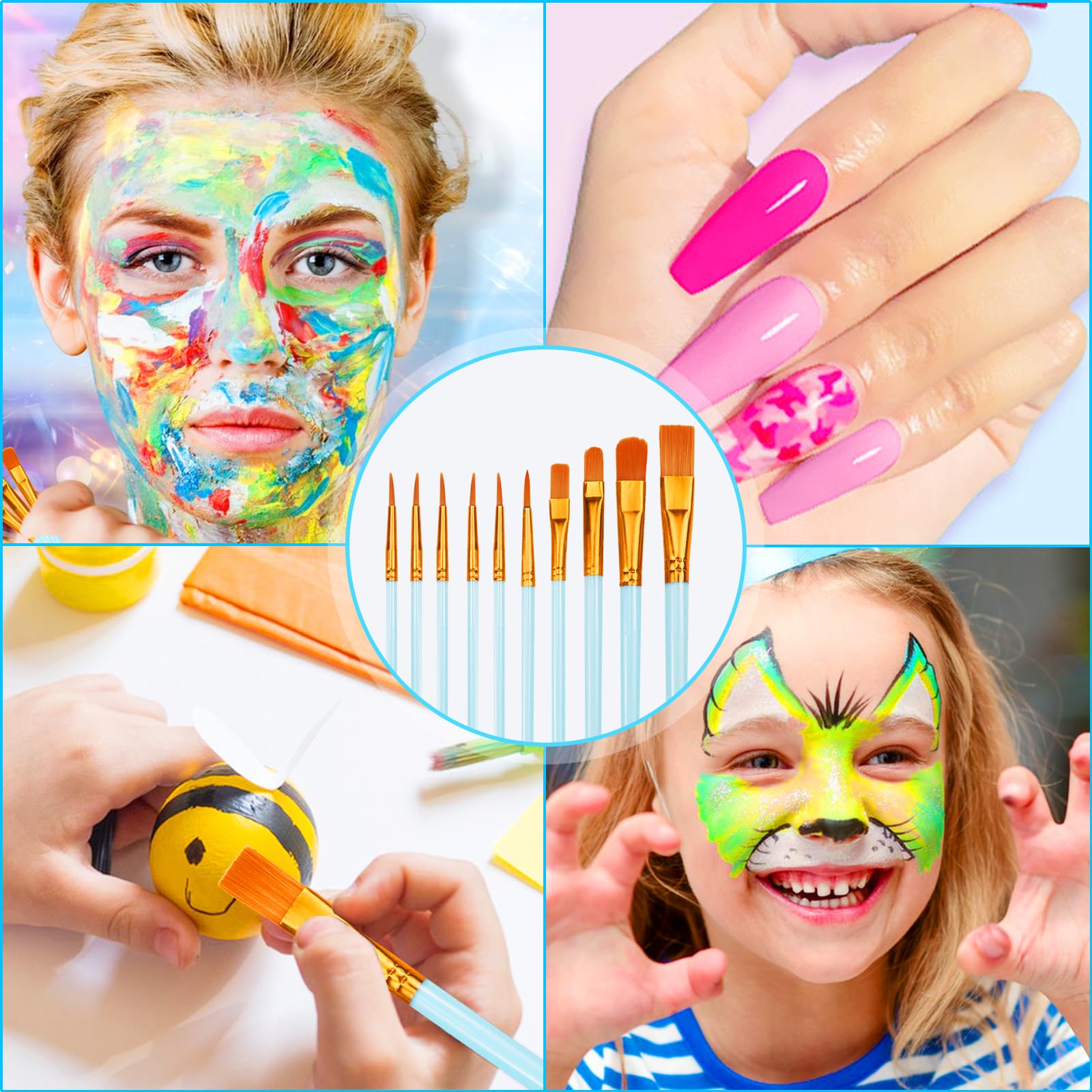 RUIJIE Set Pennelli Per Pittura – 10 Pennelli In Nylon + 20 Spugne – Per Acrilico, Olio, Acquerello, Body Painting – Manici Ergonomic - 4