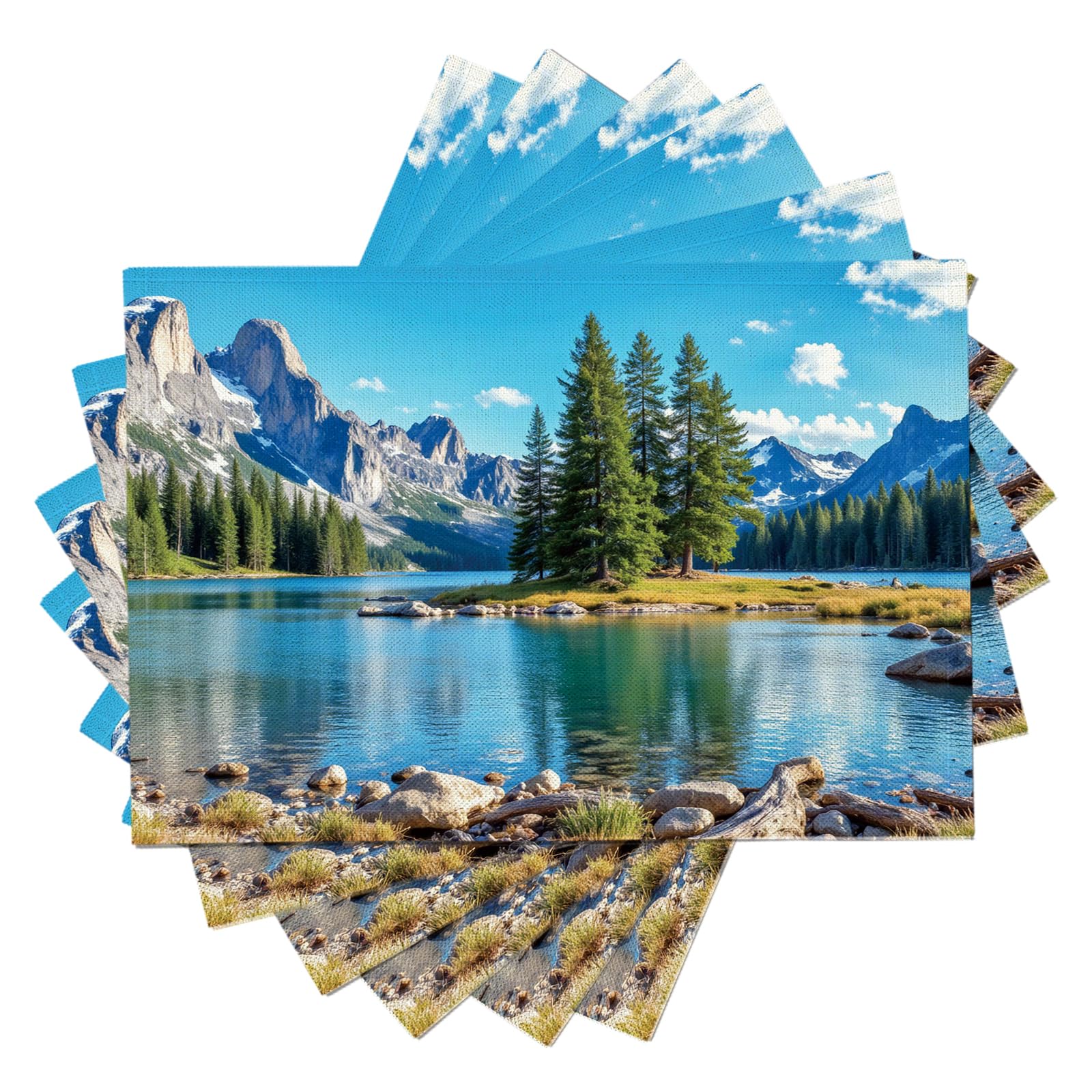 Set di 8 Tovagliette Americane Lavabili Cotone Lino Paesaggio Naturale - Tovaglietta Americana Stoffa Resistenti al Calore Durevole Catene Montuose Cime Innevate- per Colazione Pranzo
