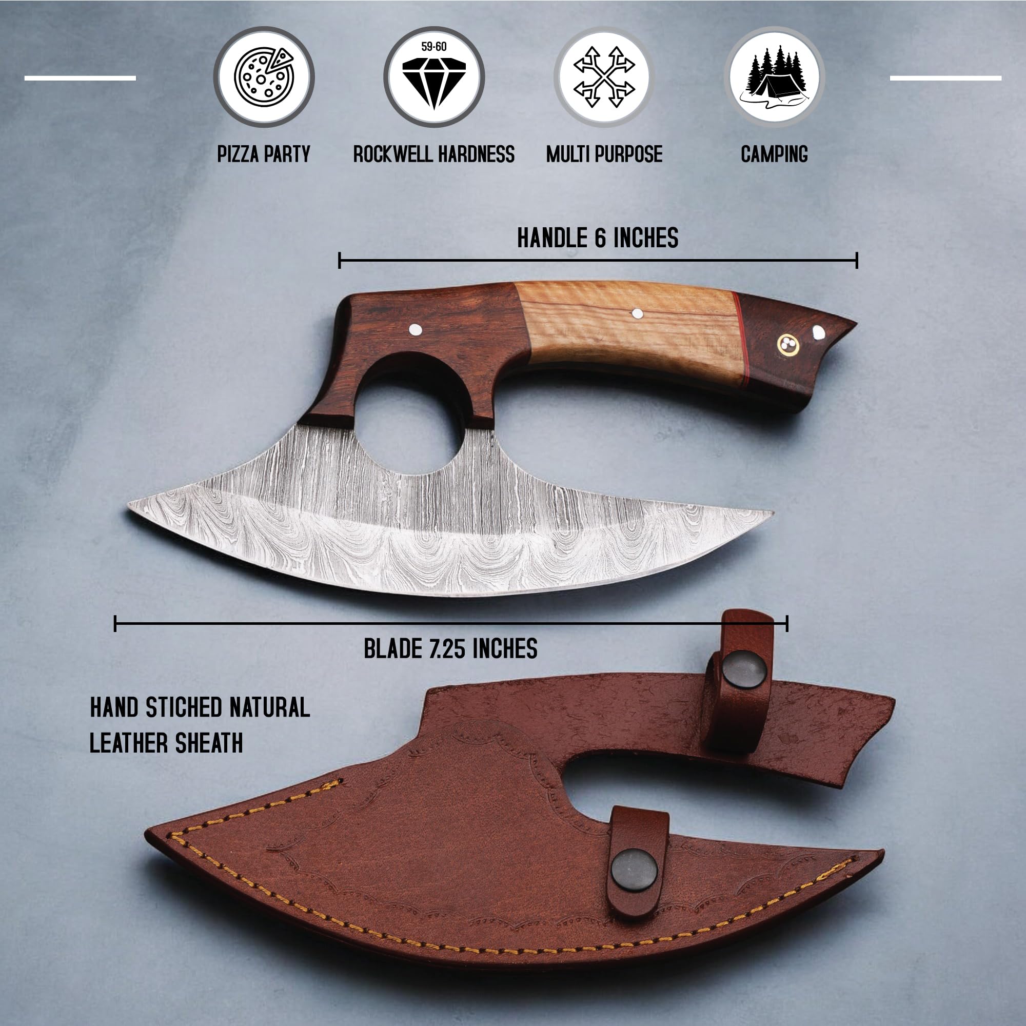 BLADE CRAFTS Unique Handmade Viking Pizza Cutter with Rose Wood and Kau Wood Handle - Ultra-Sharp Steel Axe Blade & Leather Sheath for Pizza Enthusiasts
