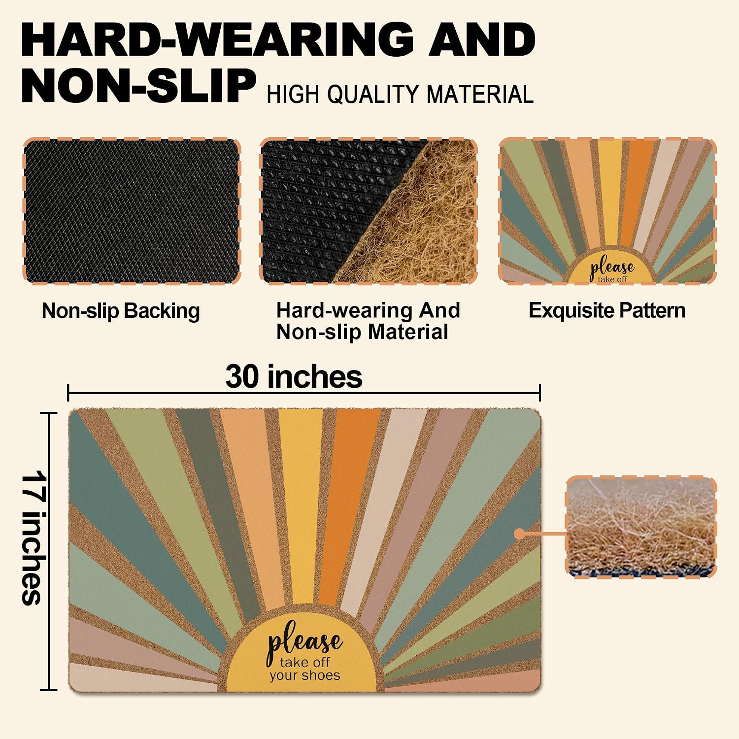 huester Funny Please Take Off Your Shoes Off Welcome Door Mat, Boho Sunshine Retro Mid Century Shoes Off Decorative Home Indoor Outdoor Porch Front Door Entrance Outside Welcome Doormat, 17x30 Inch