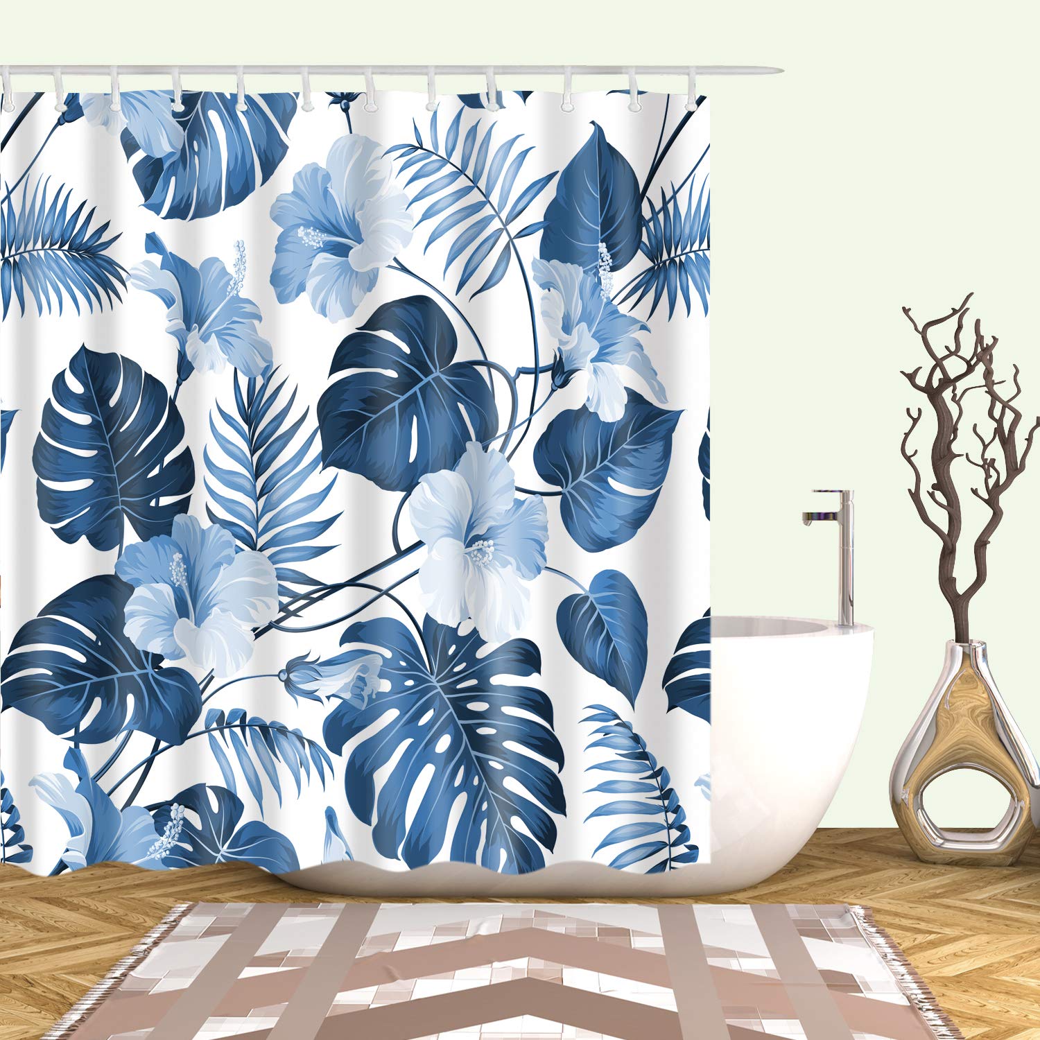 StoneMaxi 180x180cm Flower Shower Curtain for Bathroom, 100% Polyester Fabric Waterproof Anti-Mould Proof Resistant, Quick-Drying, Washable with 12 Pcs Hooks (71 x 71 Inch) (Leaf-8)