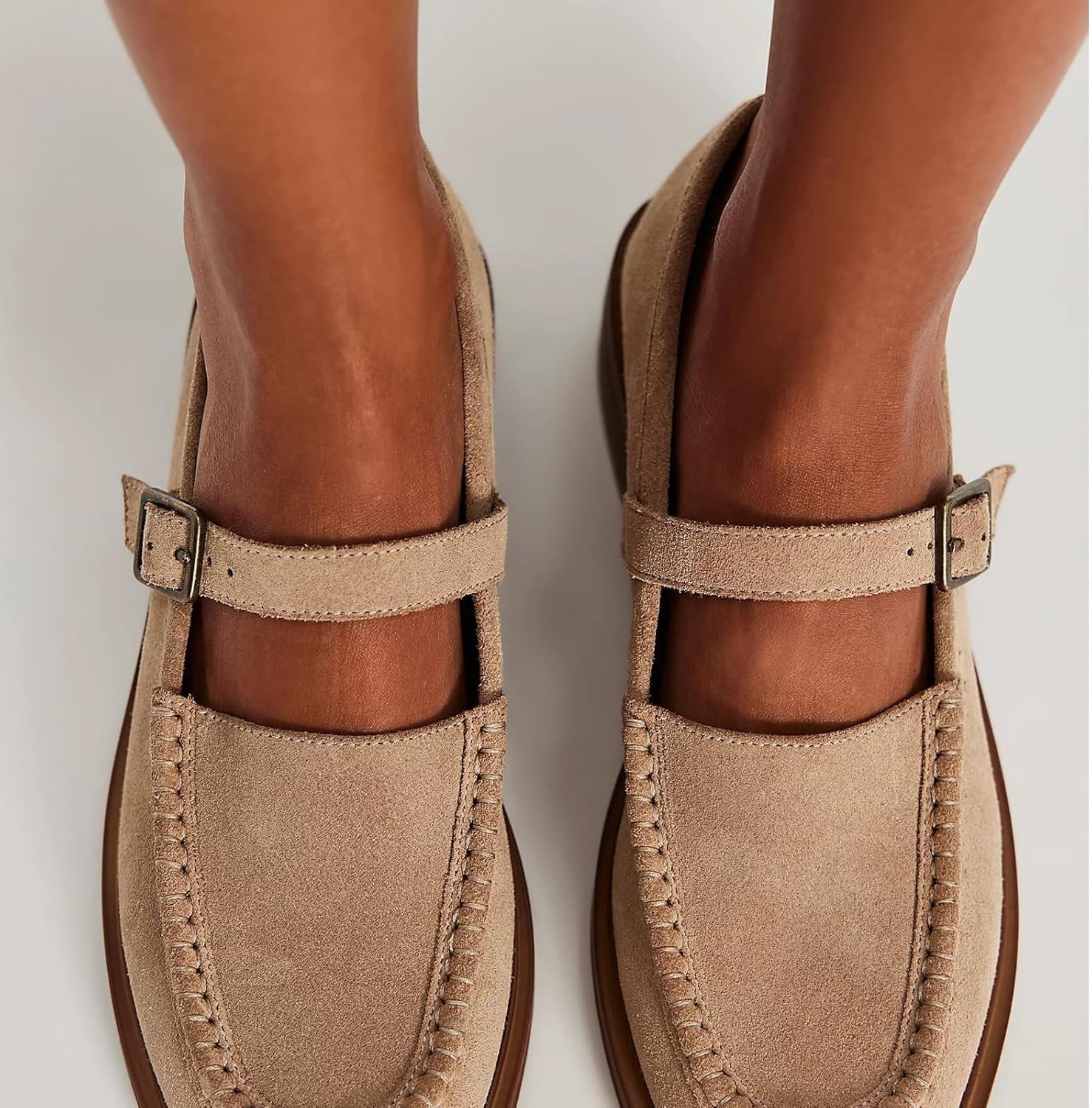 Alsoloveu Suede Mary Jane Loafers Women Low Block Heel Loafer Flats Round Toe Casual Dress Shoes with Buckled Strap for School Office Work - Image 2