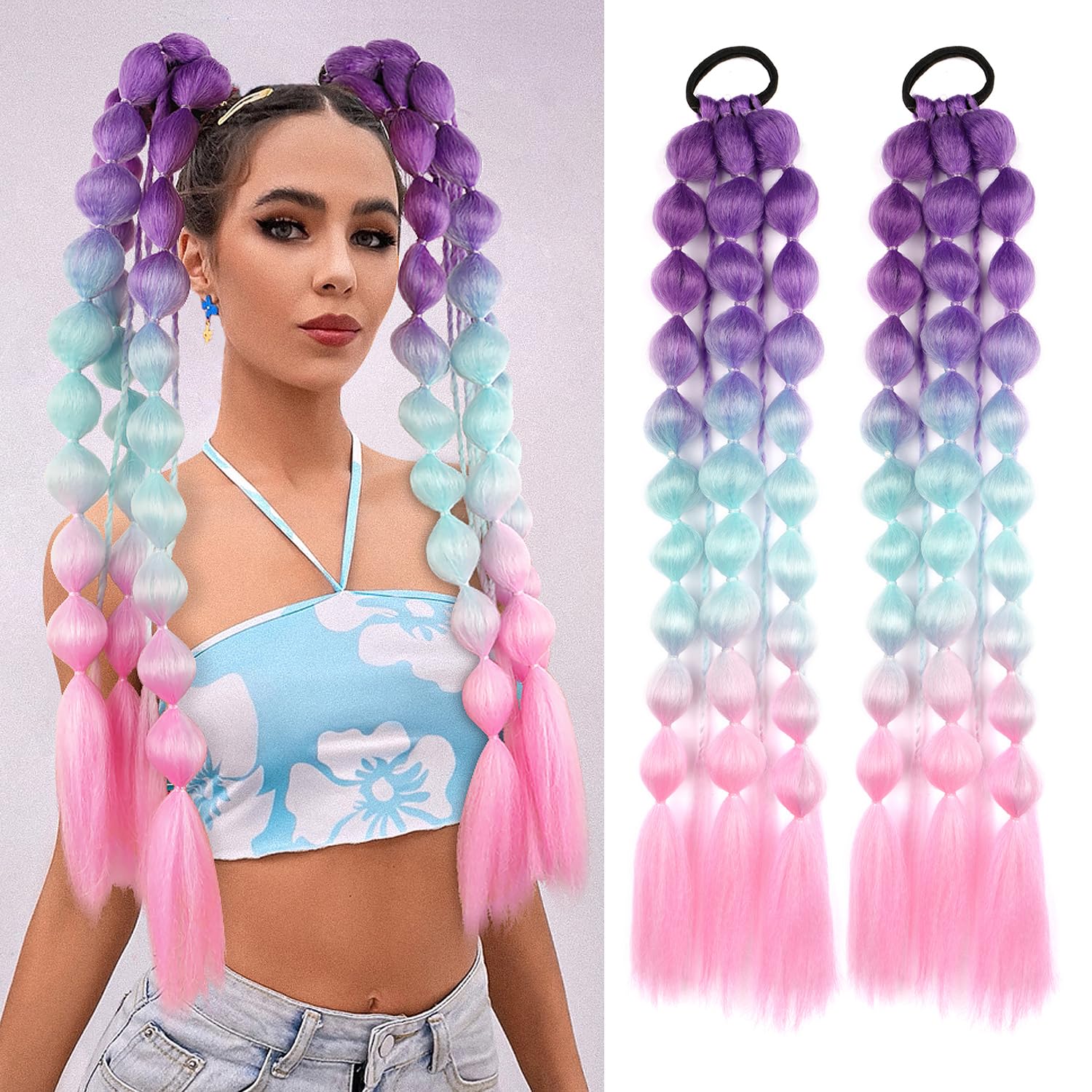 LyoRuSi 2 Pcs 22 Inch Lightweight Bubble Ponytail Extensions, Colored Braids Hair Extensions with Hair Tie, Crazy Hair Day, Festival Rave Accessories for Woman (Purple/Light Blue/Pink#)