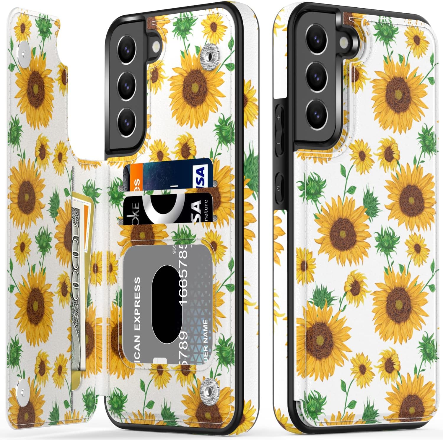 LETO Galaxy S22+ Plus Case,Luxury Flip Folio Leather Wallet Case Cover with Fashion Designs for Girls Women,Card Slots,Protective Phone Case for Samsung Galaxy S22 Plus 6.6" Nice Sunflowers