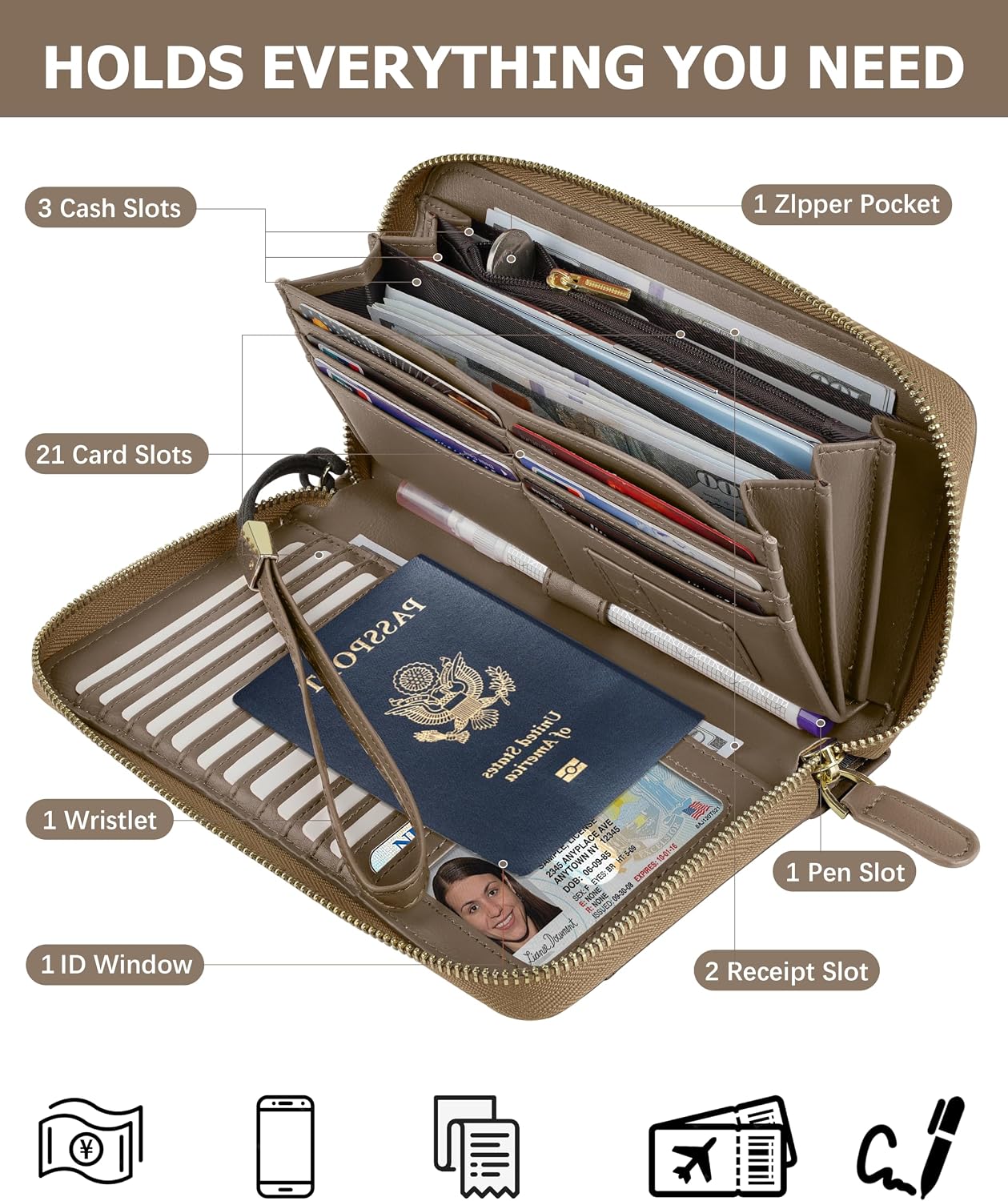 Zipper Wallet for Women,Large Passport Wallet with Wristlet Strap image 3