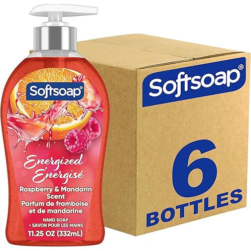 Softsoap Energized Liquid Hand Soap, Paraben Free, pH Balanced, Raspberry and Mandarin Scent, 11.25 fl oz Pump Bottle, 6 pack