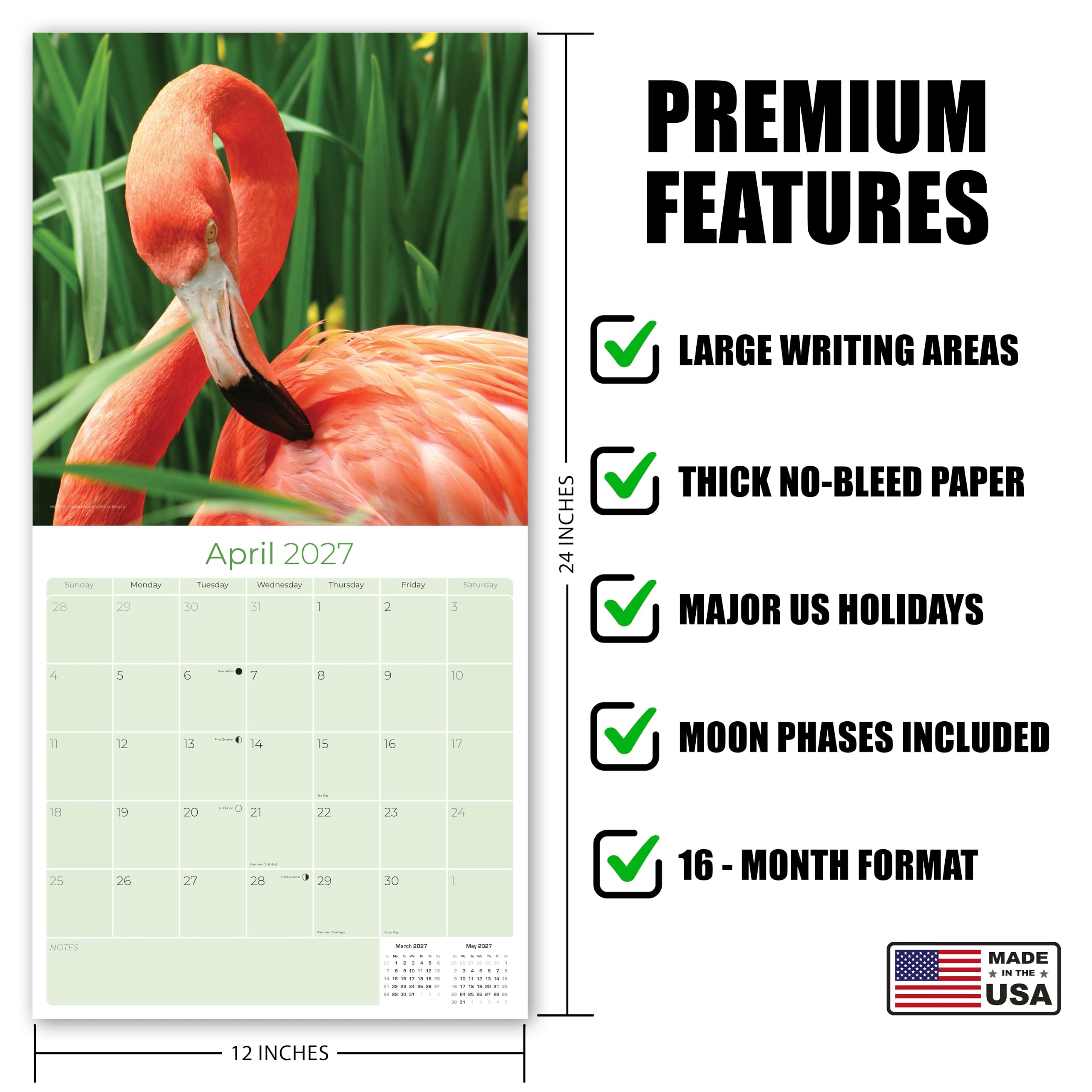 Flamingo Calendar 2021-2022 – Calendario mensual de pared con pájaros de animales – Hecho en Estados Unidos – 12 x 24 (abierto) – Calendario planificador para organizar y planificar