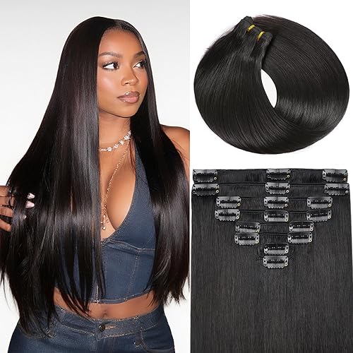 Clip in Hair Extensions Real Human Hair, 18 Inch 100g/3.6oz, 1B Natural Black, Invisible Seamless Straight Remy Human Hair Extensions Cip ins for Women 8pcs Per Set with Double Weft