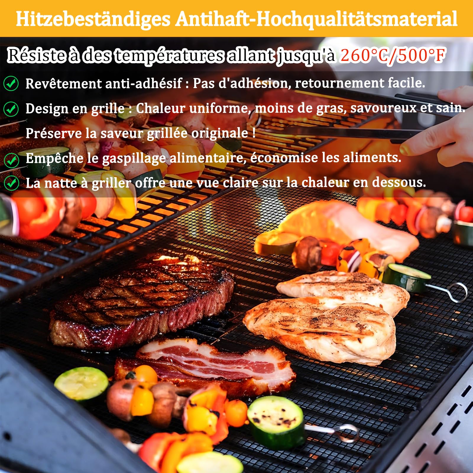 Grille Barbecue découpable 42x36 cm Tapis de Cuisson Réutilisables Anti-adhésif pour Gril électrique Gaz Charbon