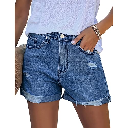 LookbookStore Women's High Waisted Rolled Hem Distressed Jeans Ripped Denim Shorts