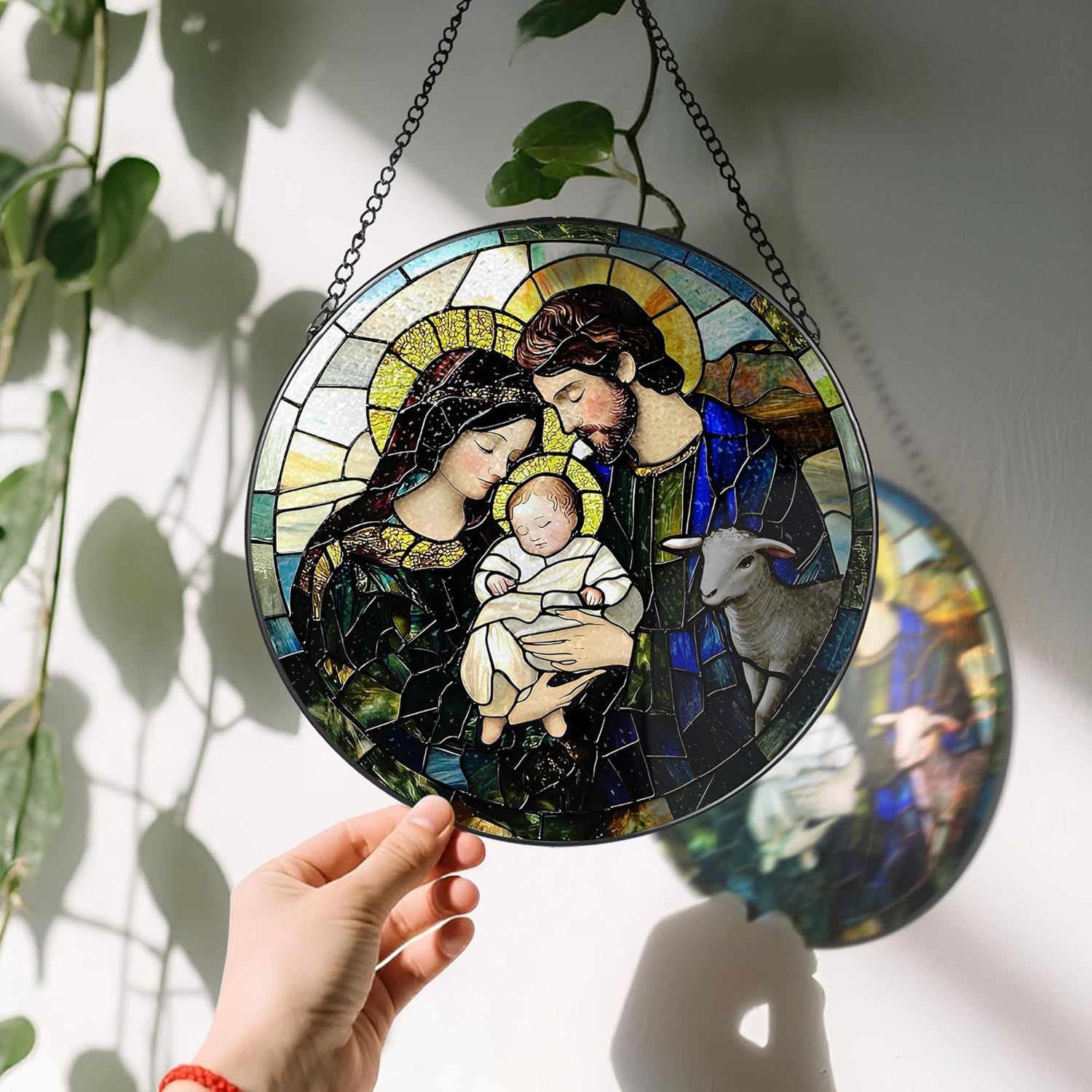 8-Inch Nativity Scene Stained Glass Suncatcher Ornament, Christian Stained Glass Window Hanging, Religious Ornament, Christmas Hanging Decor — Gifts for Christmas, Christian Gift, Religious Gift - Image 3