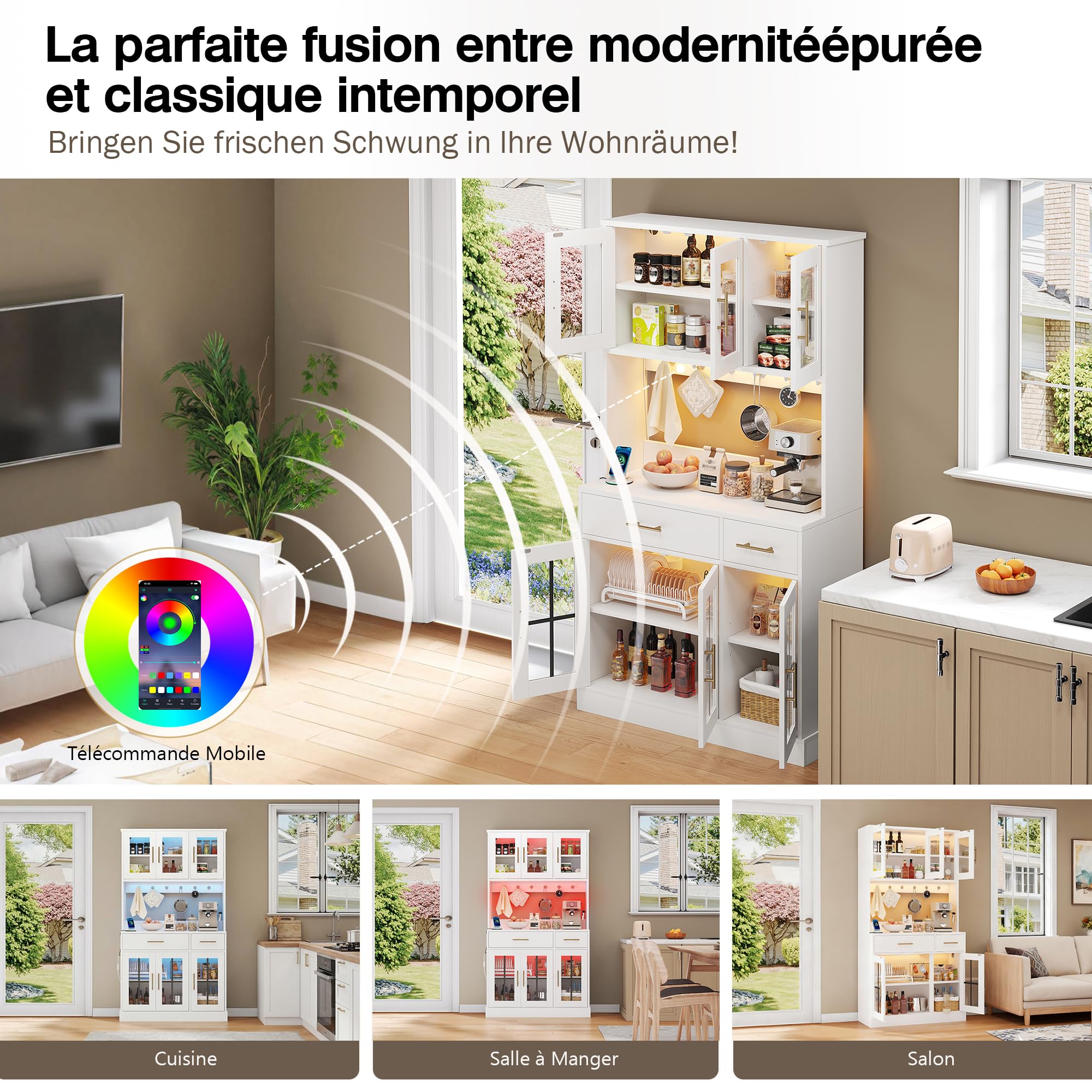 Vaisselier, Buffet de Cuisine, Armoire Cuisine Haute avec LED, Buffet avec Prise, Buffet avec Tiroirs, 6 Portes, Étagères Réglables Vaisselier Cuisine, 100 x 40 x 180 cm, Blanc