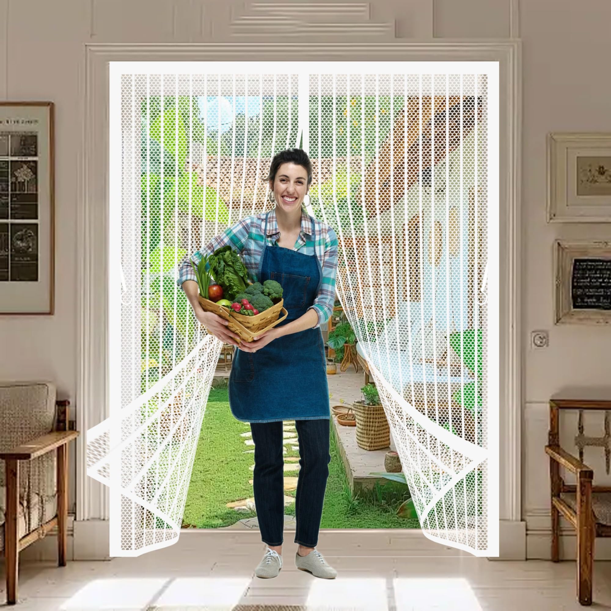 Magnetic Fly Insect Screen Door 126 x 186 cm Full Frame Magic Tape, Powerful Magnets Fly Screens Doors Nets Lets Fresh Air, Easy to Install for Keeping Out Flies, White