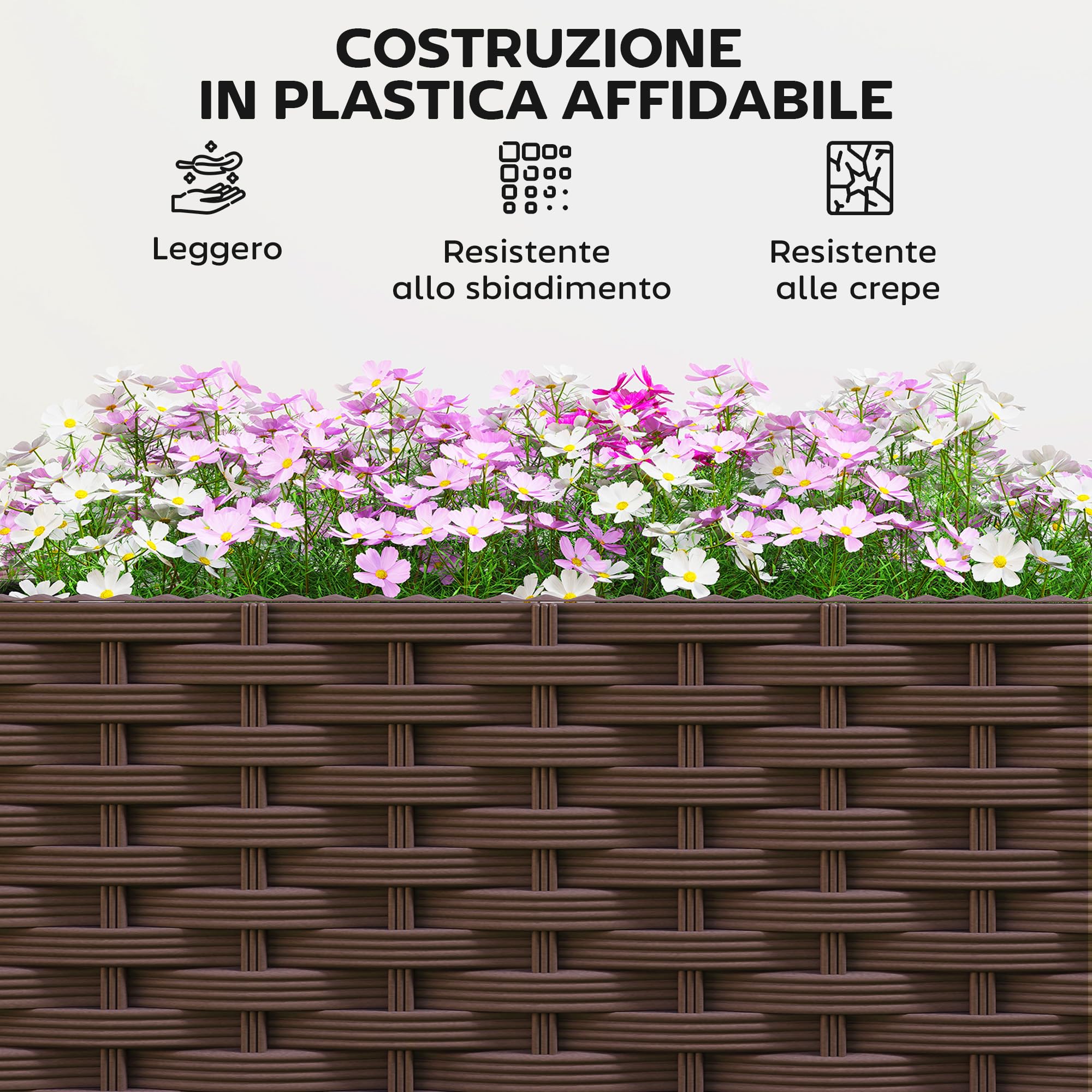 Outsunny Fioriera Rialzata in Plastica 85L, Letto per Orto Rialzato da Esterno con Ruote Bloccabili, Sistema di Autoirrigazione, Fori di Drenaggio, per Piante Rampicanti, Verdure e Fiori, Marrone