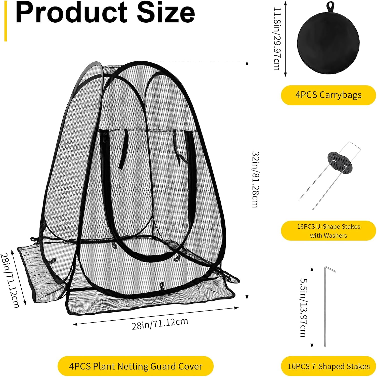 4 Pack Pop-Up Mesh Plant Protectors - 28x28x34 Inch Plant Cover Net Each Set with 8 Stakes (with Washers) & 1 Carry Bag to Protect Vegetables, Fruits, Flowers