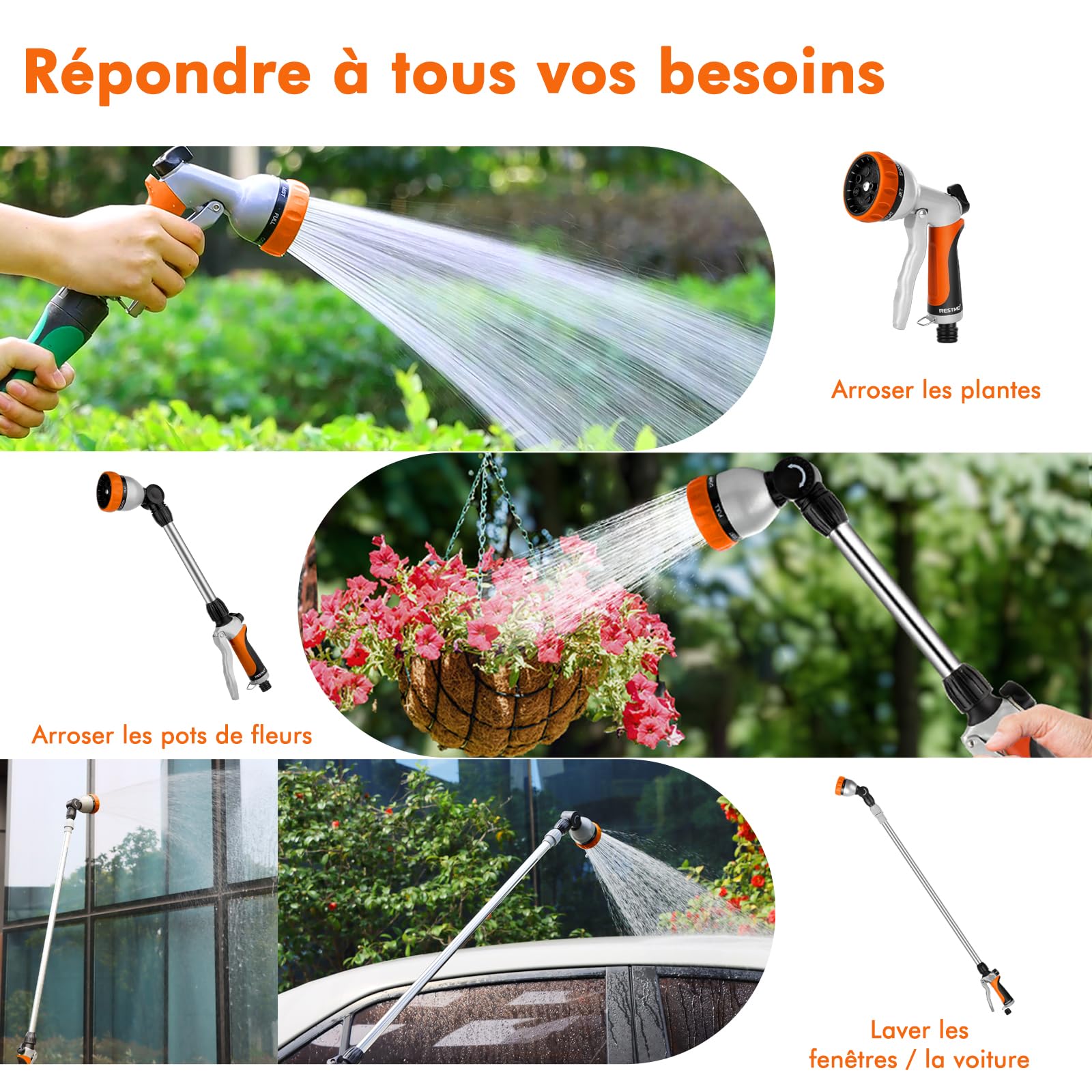 Pistolet D'arrosage RESTMO 42 Cm En Métal – 10 Modes, Contrôle Du Débit Au Pouce, Pour Jardin, Fleurs Et Voiture
