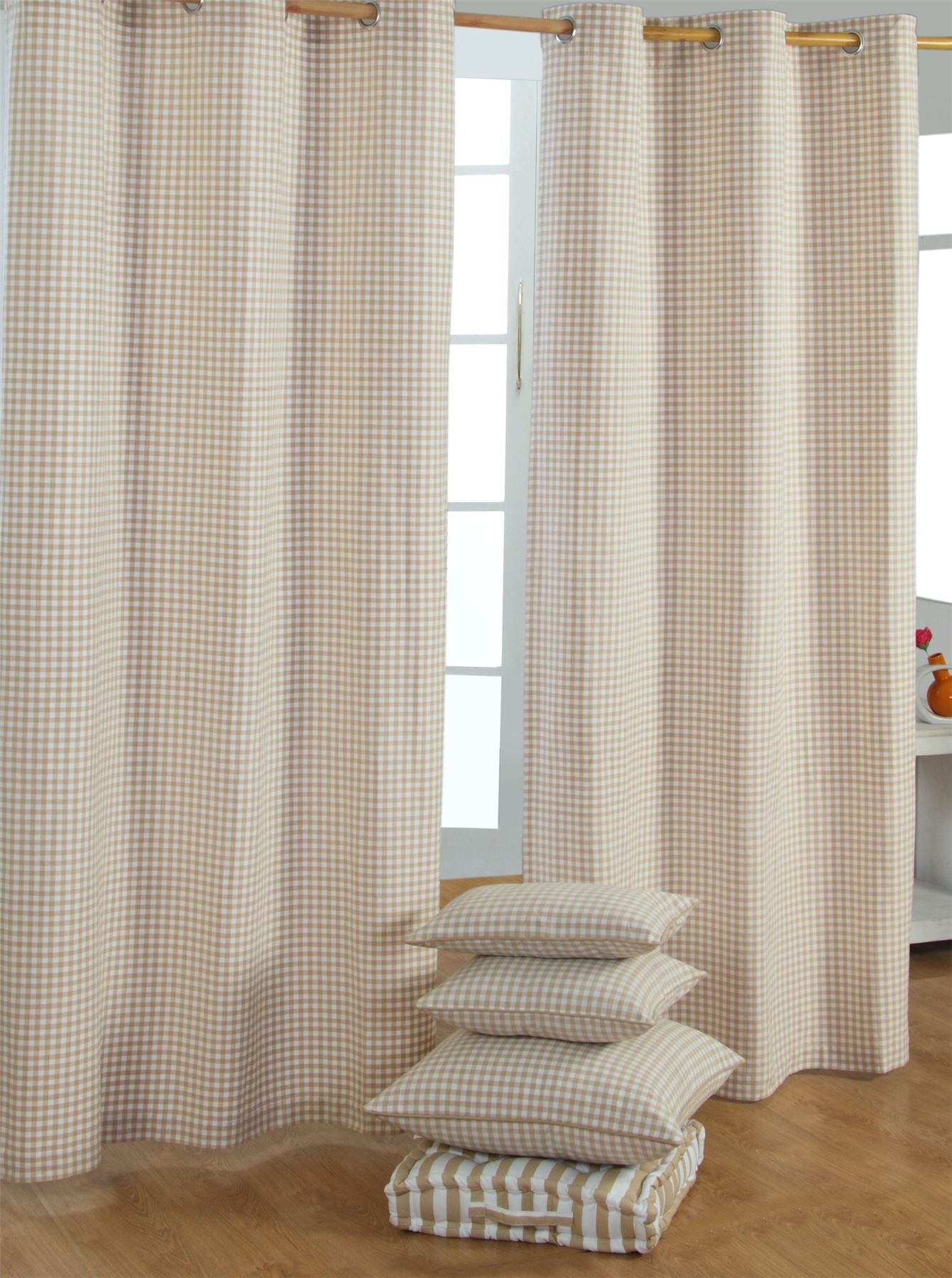 Homescapes handgewobener Vorhang Ösenvorhang Dekoschal Gingham im 2er Set, 137 x 182 cm, 100% Reine Baumwolle, beige weiß kariert