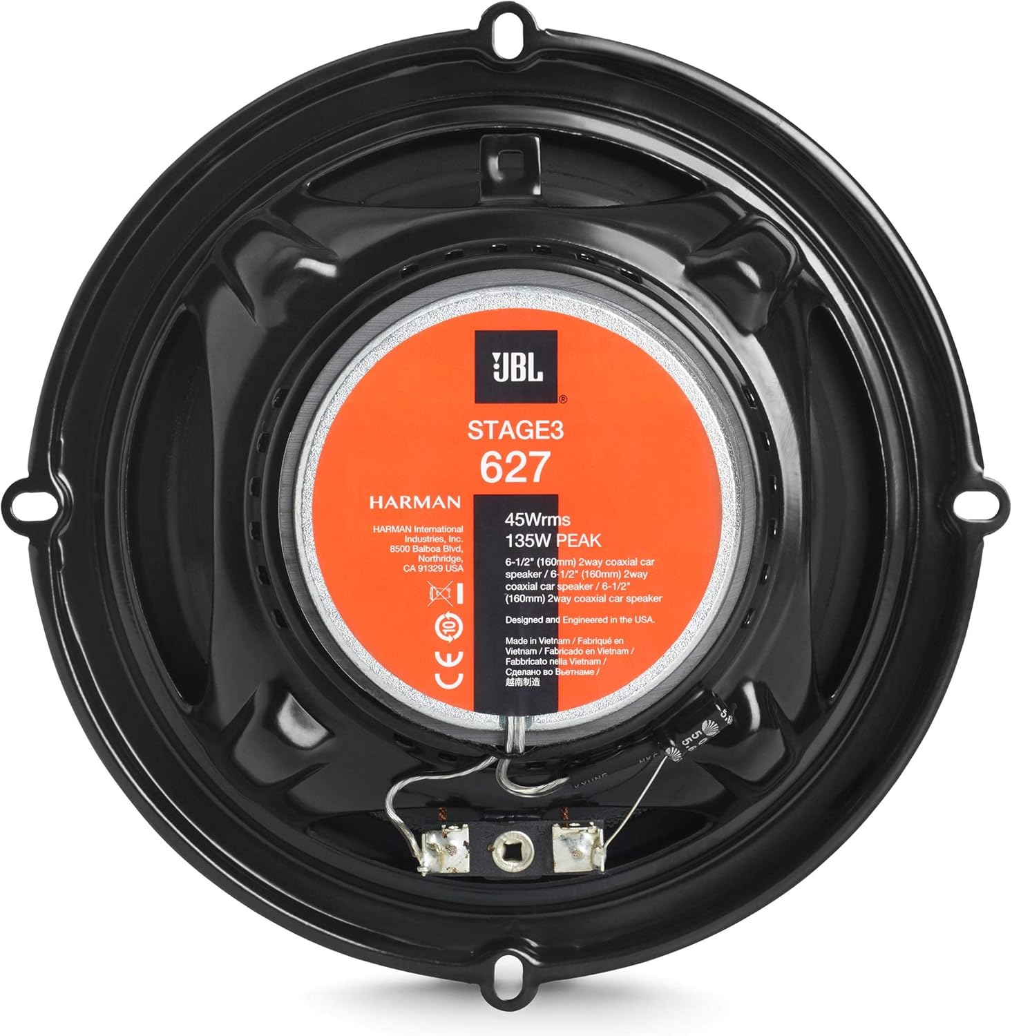 Арткы view of a JBL Stage 3627 speaker showing the wiring terminals and product label.