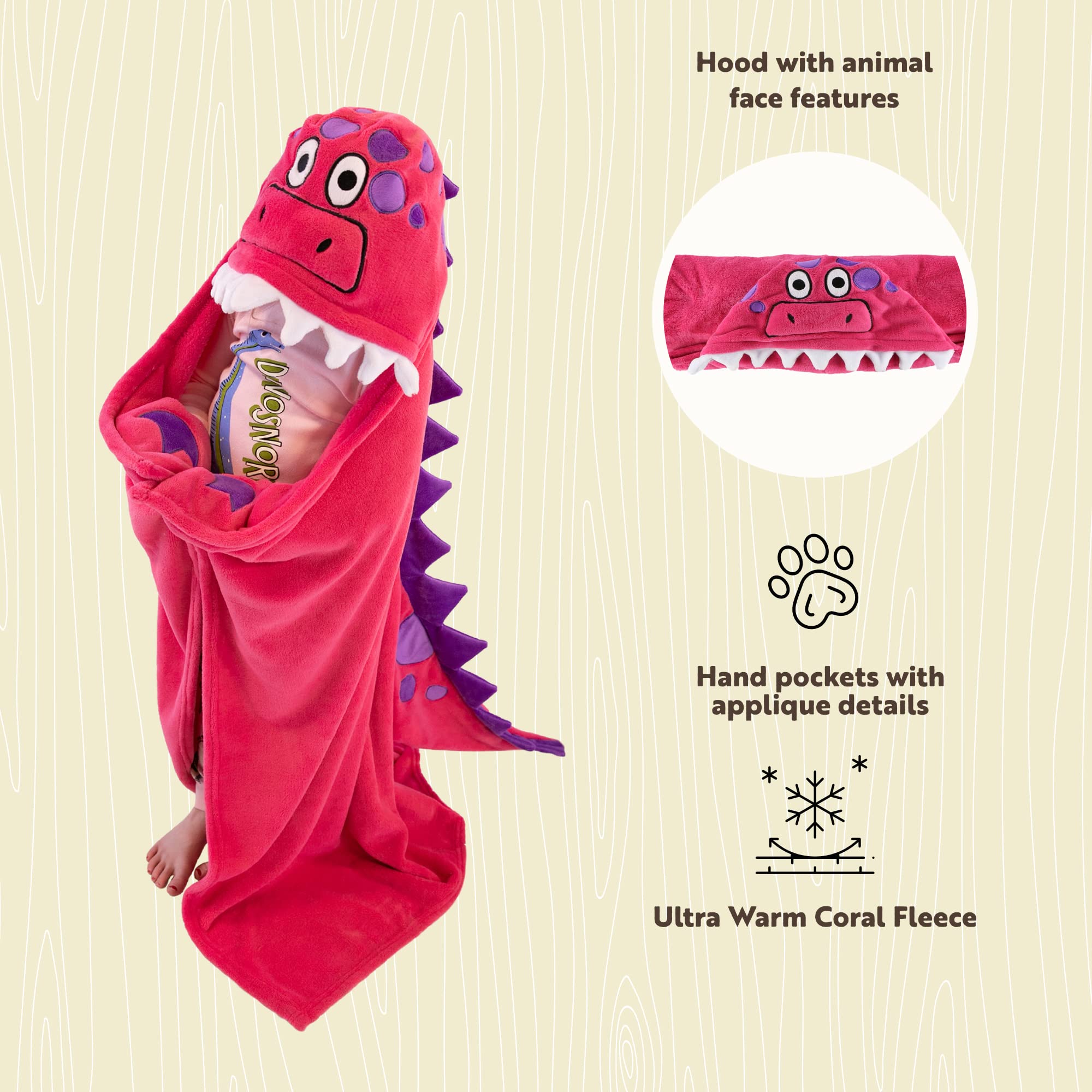 Lazy One Manta con capucha para niños, manta con capucha de animales (dinosaurio rosa)
