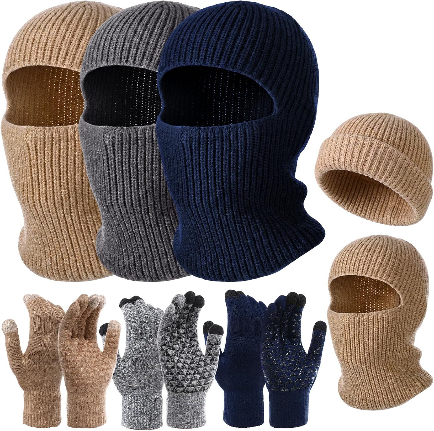 6-Piece Winter Set: 2-in-1 Knit Balaclava Hat & Touchscreen Gloves