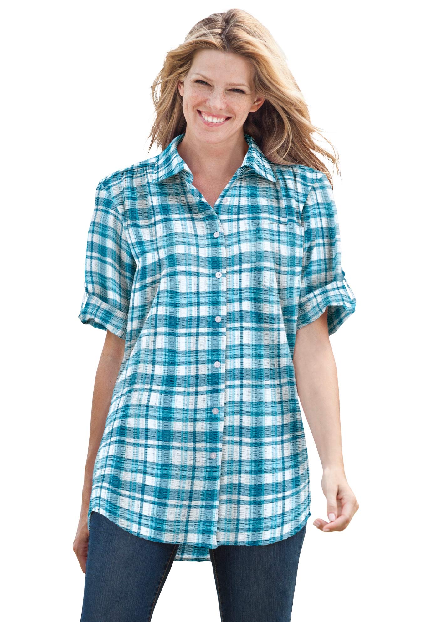 Woman Within Plus Size Short-Sleeve Button Down Seersucker Shirt