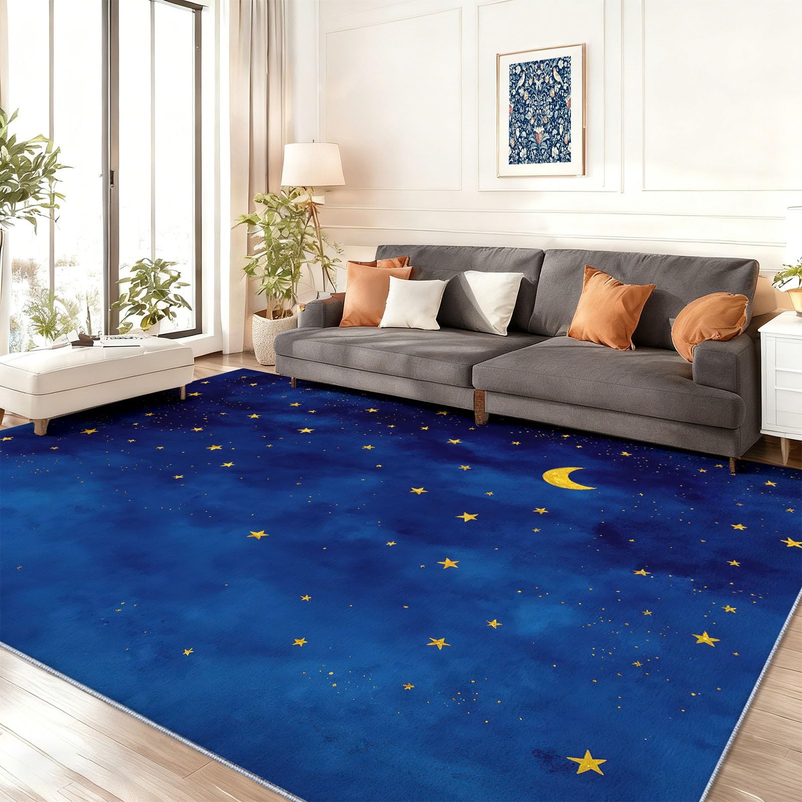 Adapté aux Enfants et Animaux : Tapis de Chambre Aquarelle Minimaliste Lune Étoiles Lavable 90 x 150 cm Tapis de Sol en Flanelle Doux et Antidérapant Facile à Nettoyer pour Bureau et Couloir Bleu