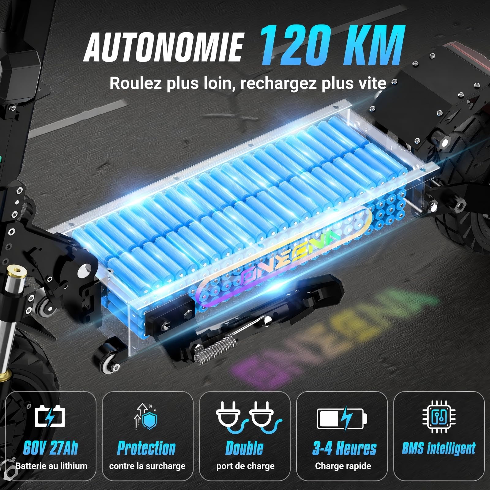 Trottinette Électrique Tout Terrain, Scooter Électrique Adulte, Double Moteur, Batterie 60V 27Ah, Autonomie 120 km, Pneus Tubeless 11 Pouces, Freins Hydrauliques, NFC, Charge Max 150 kg