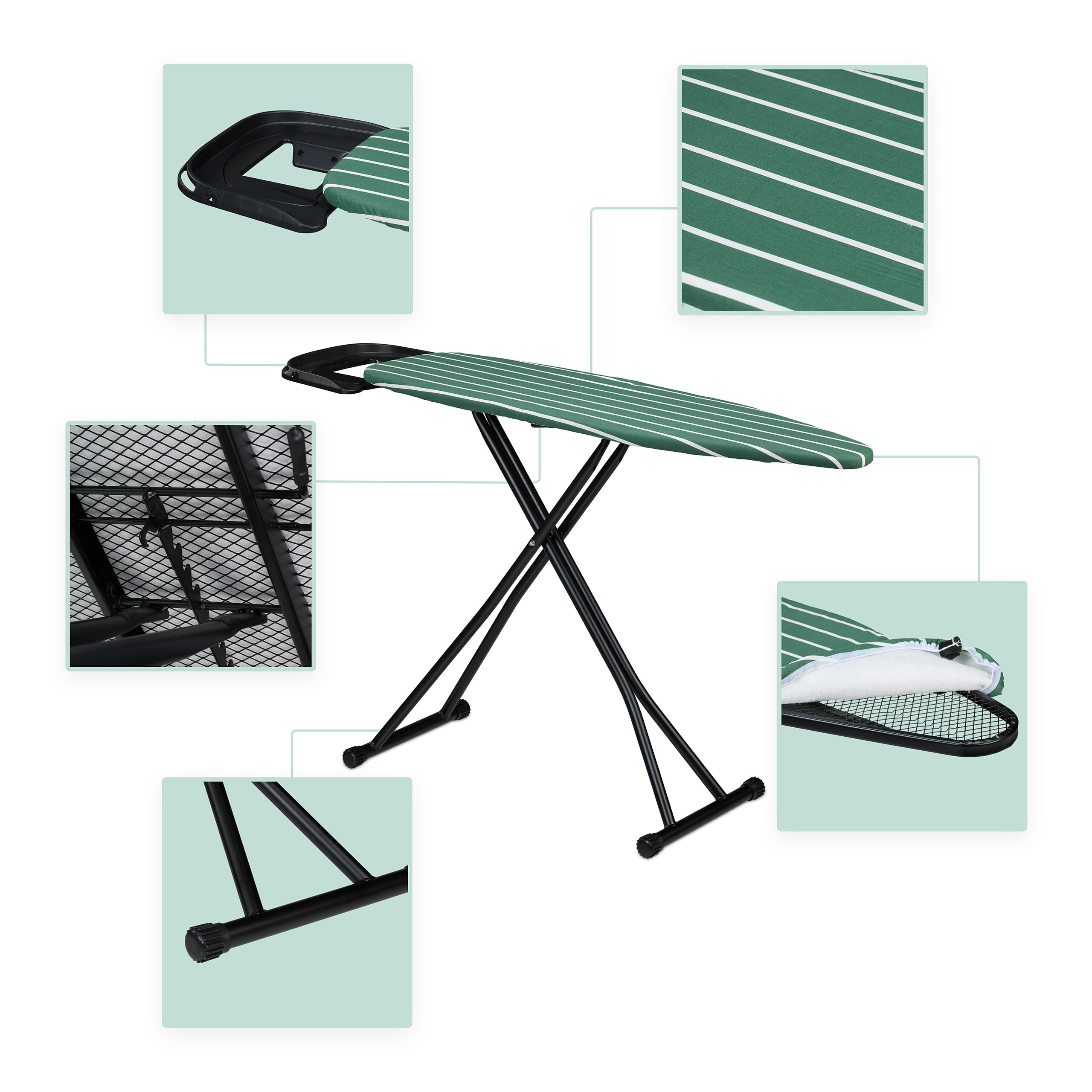 Relaxdays ASSE da Stiro Pieghevole, Tavolo Ferro a Vapore, Piano Stirare Salvaspazio 121x39 cm, Copriasse, Verde Bianco