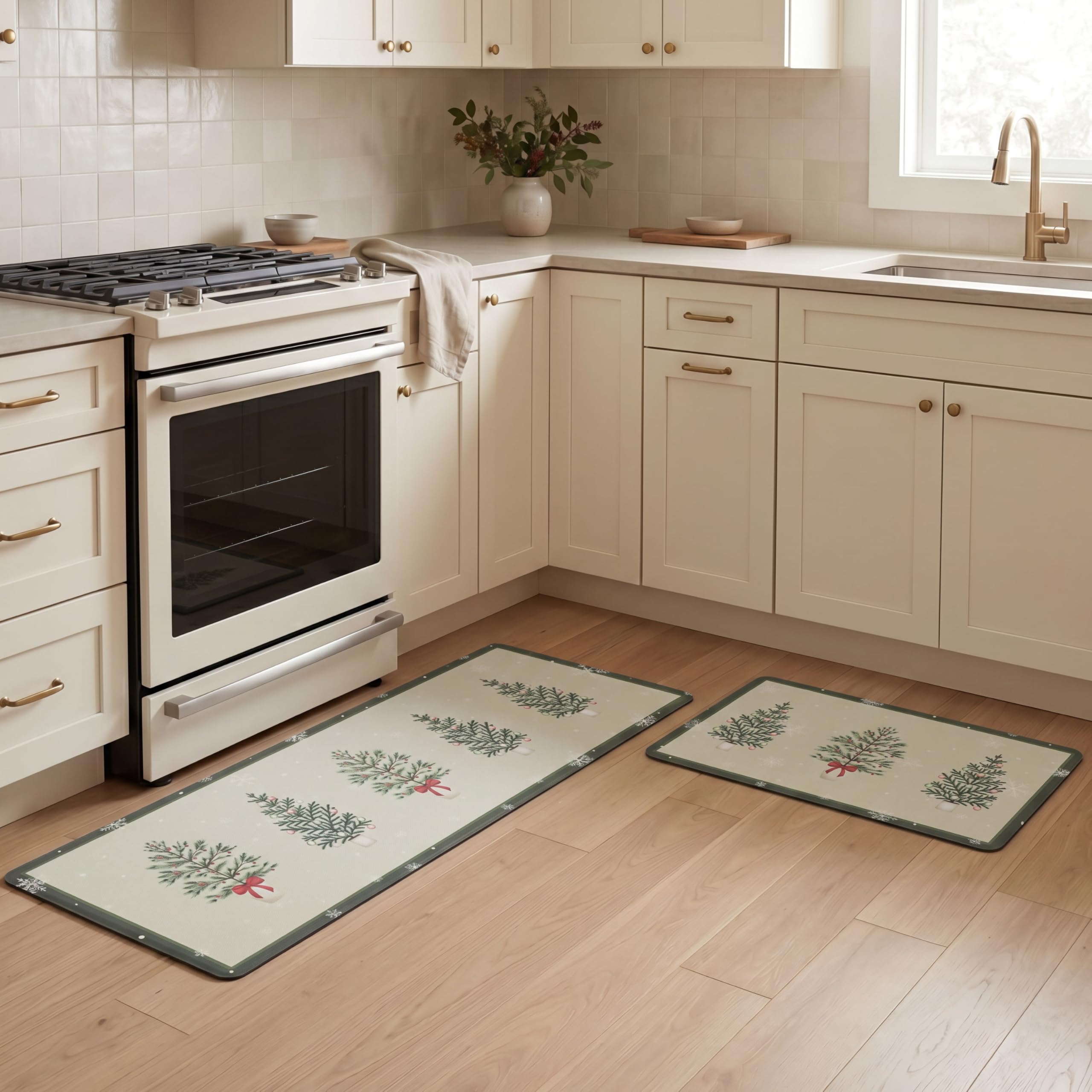 Laura Ashley Chritmas Hollybrook 2-Piece Anti Fatigue Kitchen Mat Set, Non Slip Cushioned Comfort Floor Mat, 17.5"x60"/17.5"x28", Green