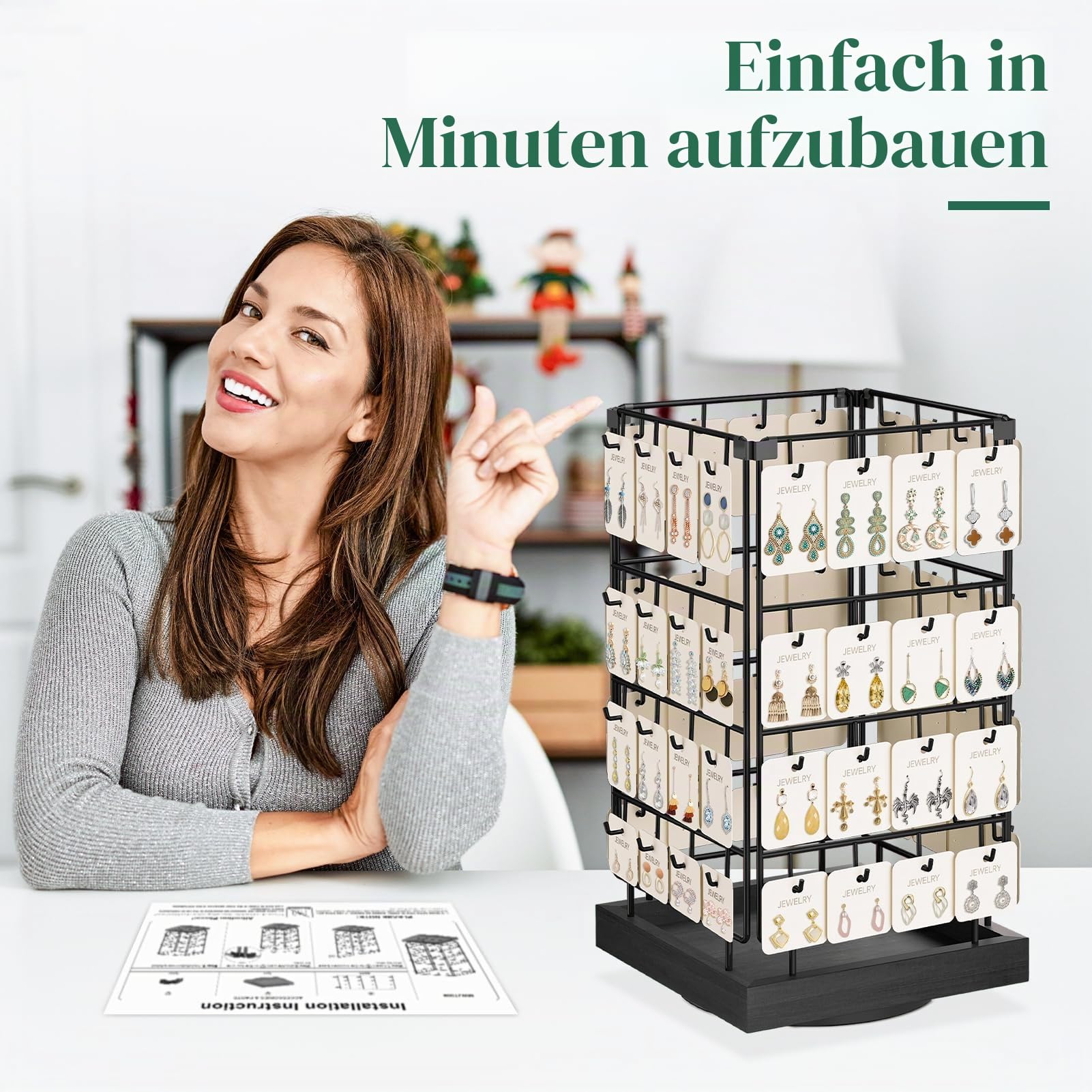 EsLuker.ly Rotierender Ohrringständer Ohrringe Aufbewahrung Ohrringhalter Organizer für Verkäufer, Ohrringkarten Schmuckaufbewahrung Earring Rack Display Stand mit 64 Haken, Schwarz