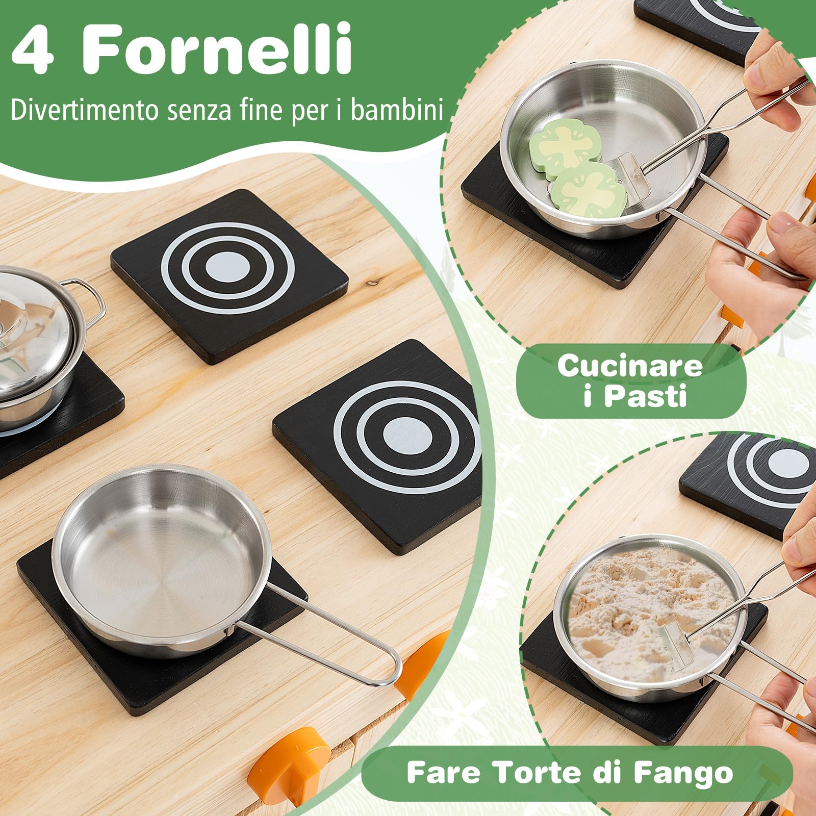 COSTWAY Cucina Giocattolo per Giardino in Legno di Abete, Cucina per Fango da Esterno con Tettoia, Fornelli, Ganci, 4 Lavagne e Lavello, Set Cucina con 5 Accessori, 88 x 39 x 117 cm