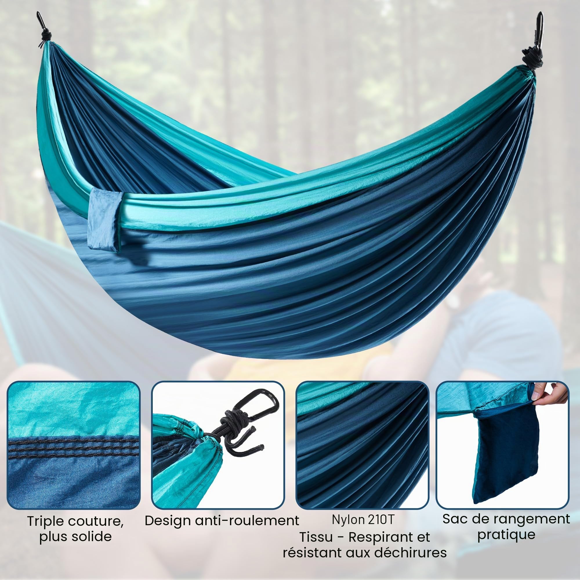 Hamac XXL 2 Places 300 x 200 cm – Pliable, Ultra-Léger et Portable – Hamac Extérieur avec Capacité de 300 kg – Idéal pour Jardin, Camping, Voyage, Balcon et Intérieur (Bleu)